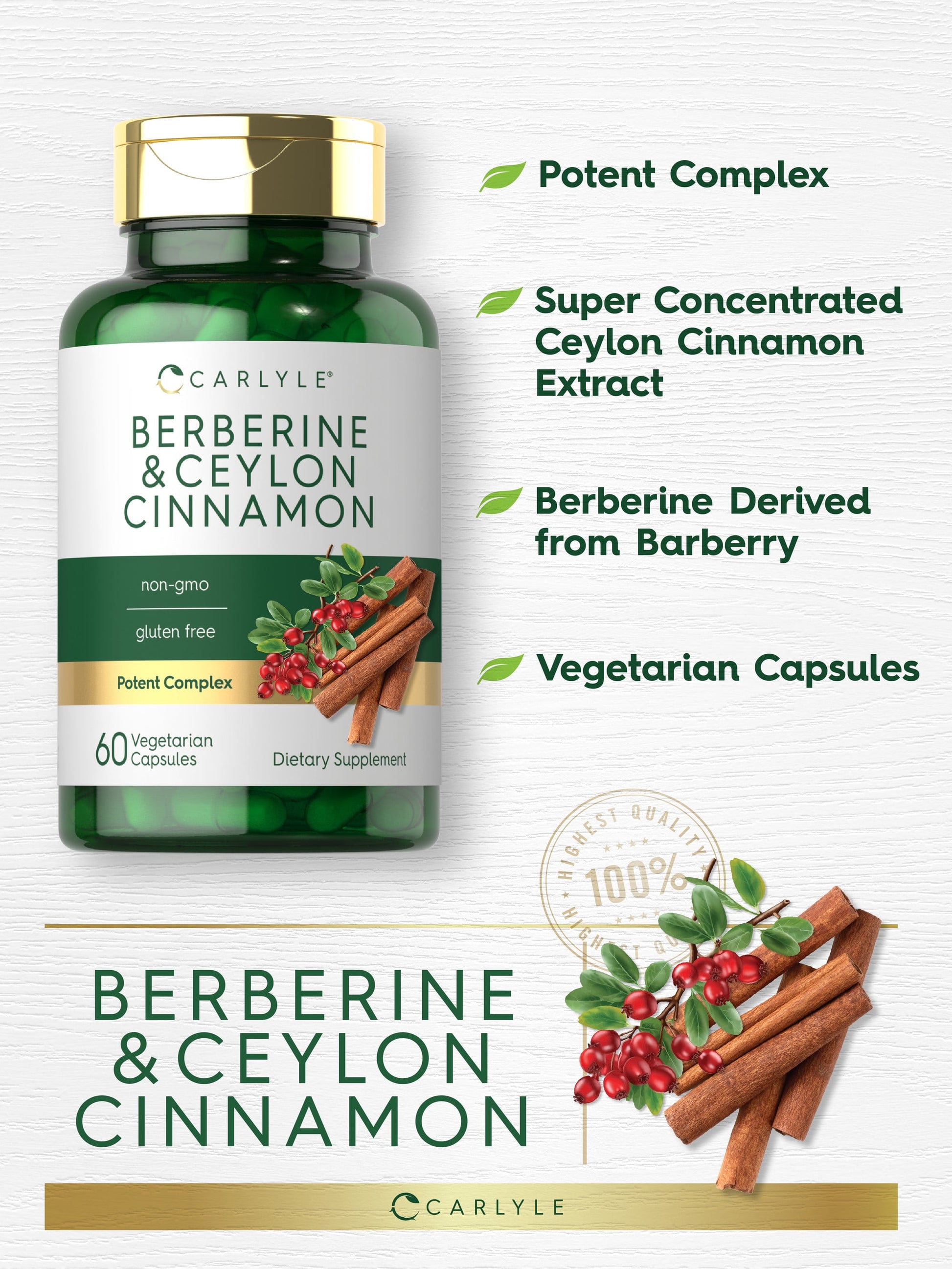 Berberine with Ceylon Cinnamon | 2000Mg Complex | 60 Capsules for Men and Women | by