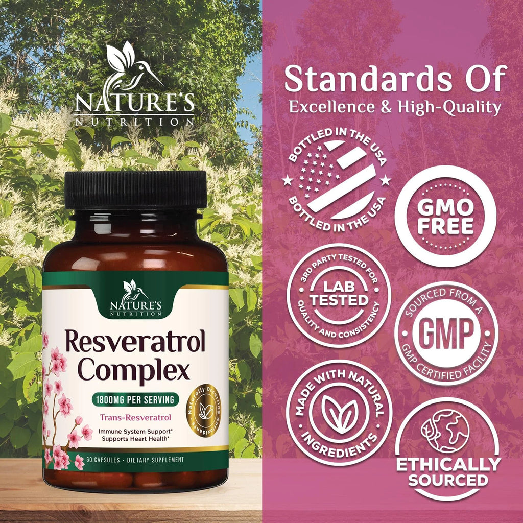 Resveratrol Supplement 1800Mg - Extra Strength Antioxidants for Healthy Aging & Immune Support - Heart Health & Cellular Energy Support - Non-Gmo, Bioavailable Trans-Resveratrol - 60 Vegan Capsules