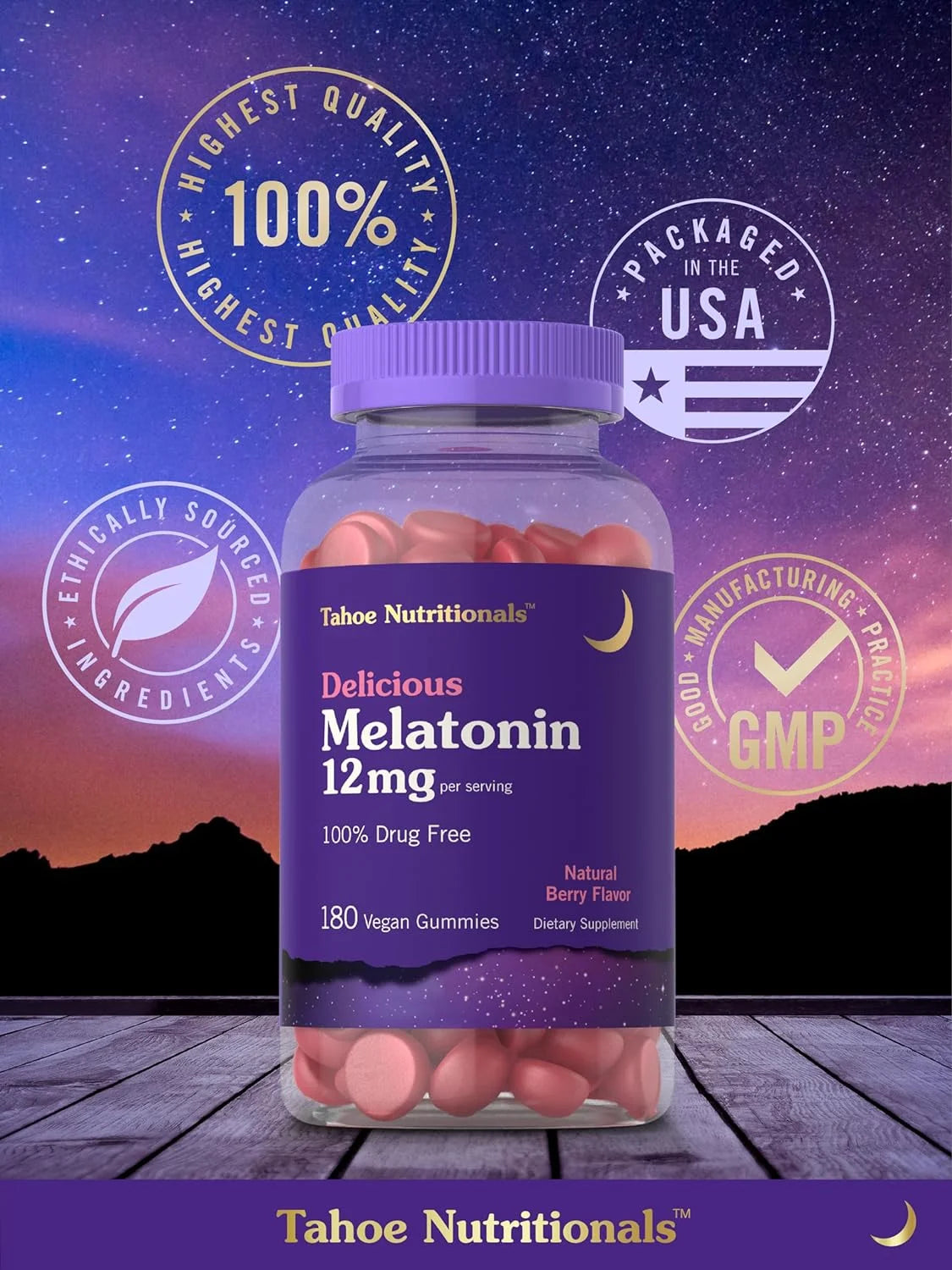 Melatonin Gummies 12Mg | 180 Count | Berry Flavor for Men and Women | Tahoe Nutritionals by