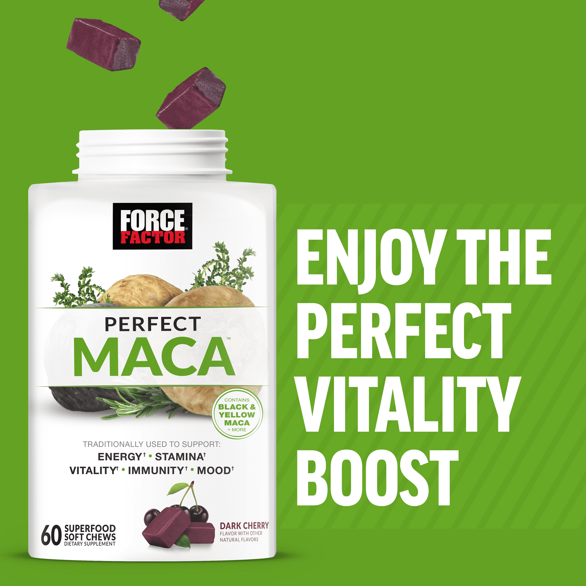 Perfect Maca, Maca Root Supplement with Saffron, Dark Cherry Flavor, 60 Soft Chews