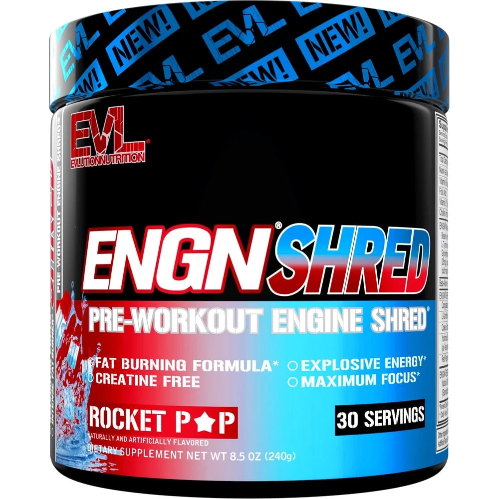 EVL Ultimate Pre Workout Powder - Thermogenic Fat Burner Preworkout Powder Drink for Lasting Energy Focus and Stamina - ENGN Shred Intense Fat Burning Creatine Free Preworkout Drink - Rocket Pop