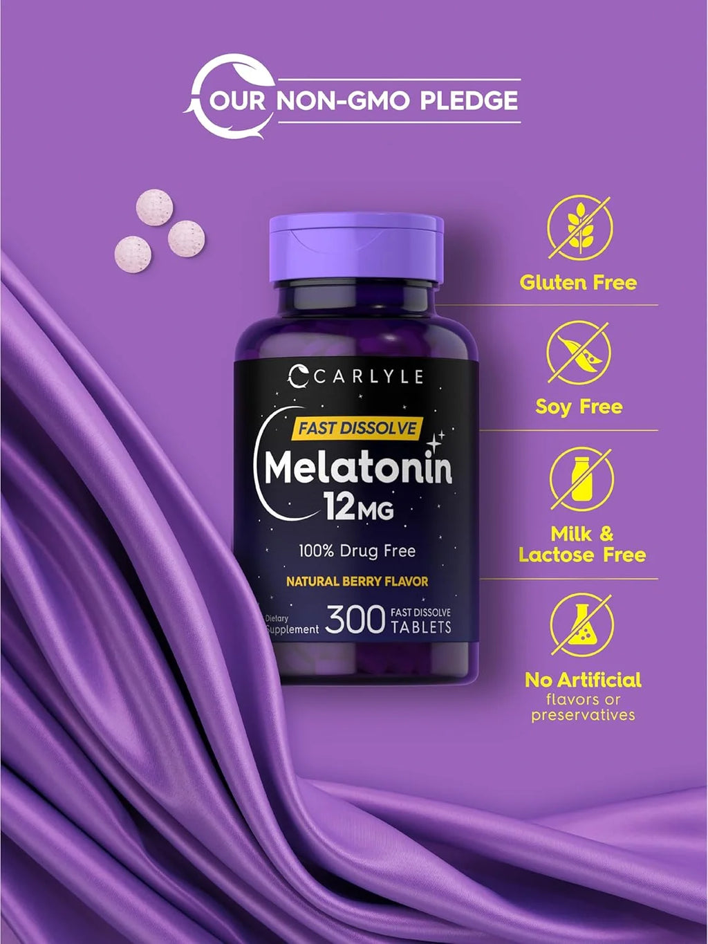 Melatonin 12 Mg | 300 Tablets for Men and Women | Berry Flavor | by
