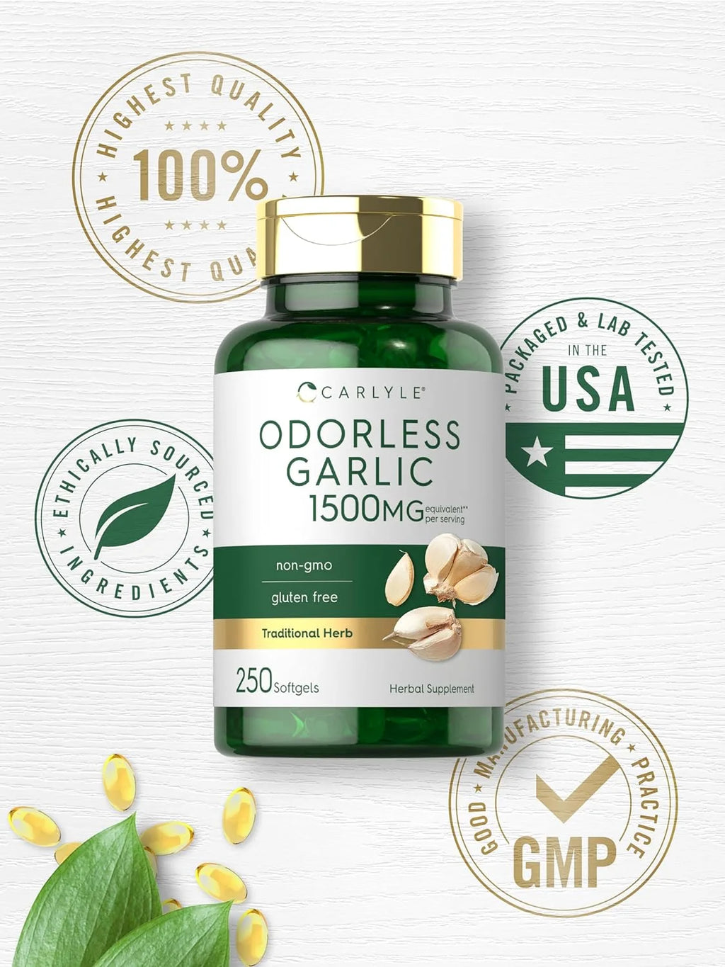 Odorless Garlic Extract 1500Mg | 250 Softgels | by