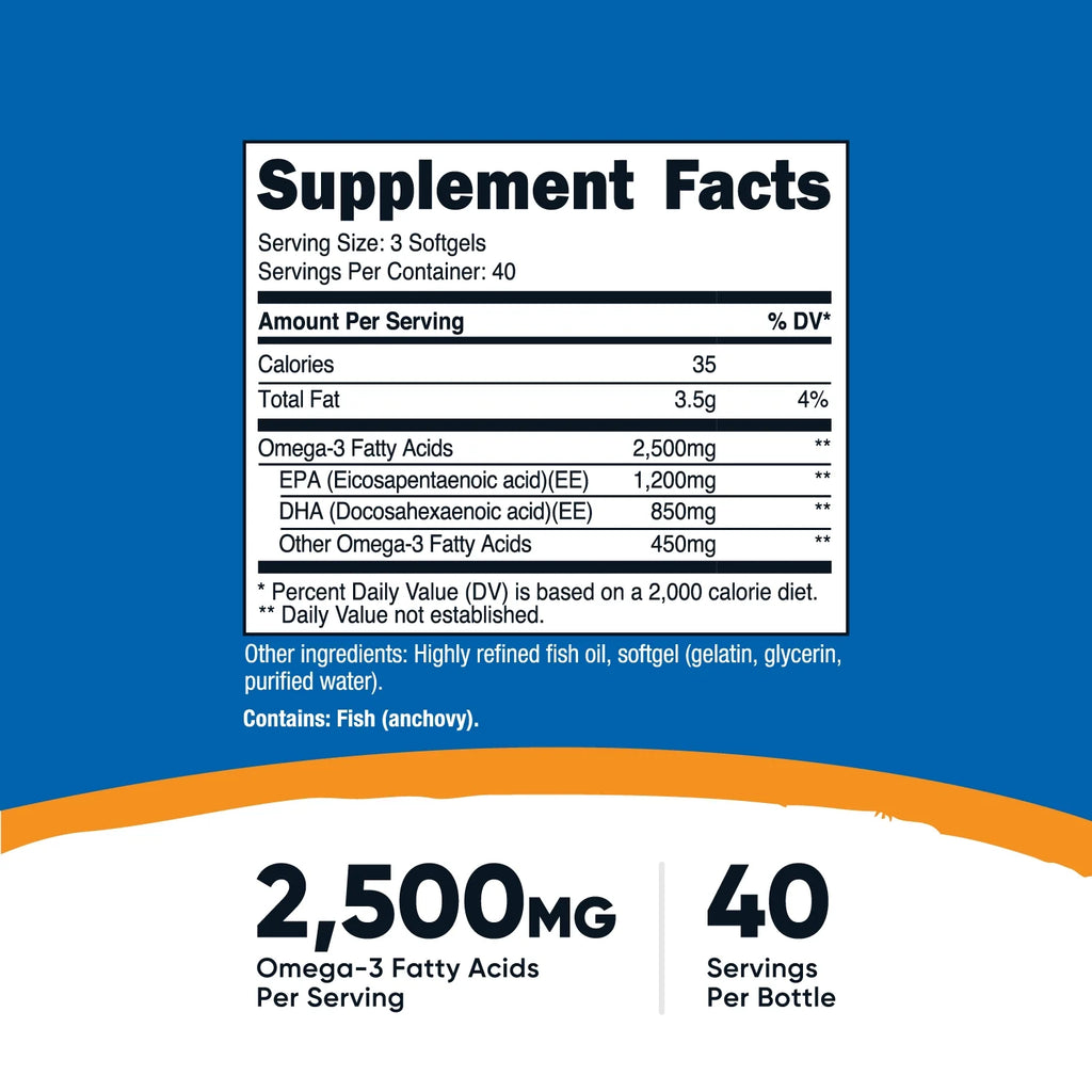 Omega 3 Fish Oil - 2500MG, 120 Softgels (40 Serv) - Non-Gmo, Gluten Free