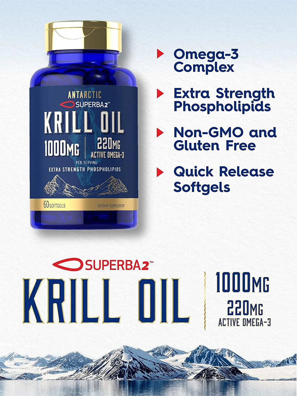 Antarctic Krill Oil 1000Mg Softgels | 60 Count | Superba Krill Oil Supplement | Omega 3, EPA, DHA, Phospholipids
