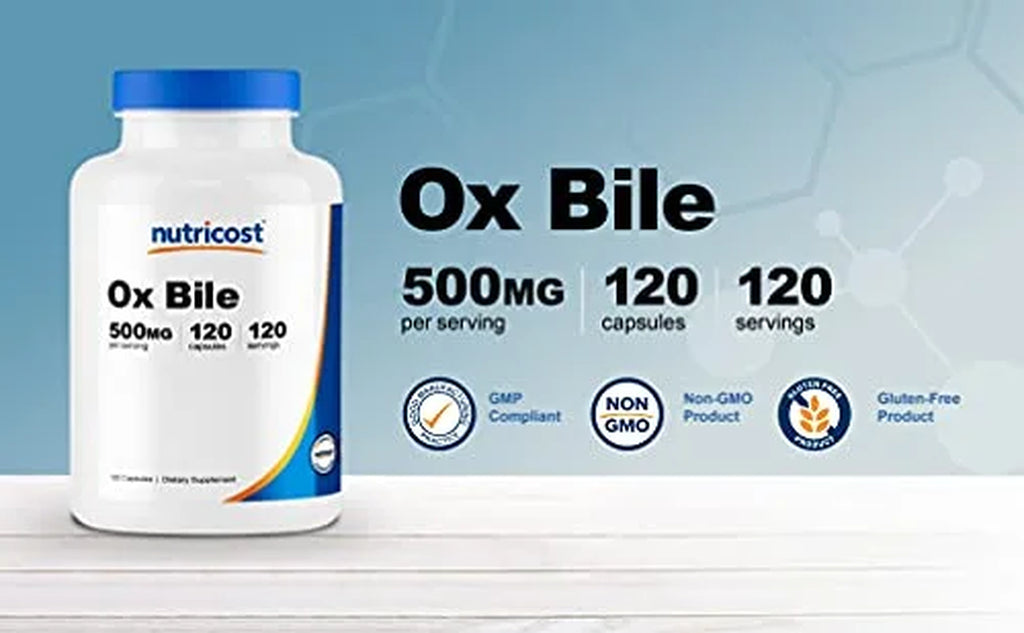 Ox Bile Capsules 500Mg per Serving, 120 Capsules - Non-Gmo & Gluten Free Supplement