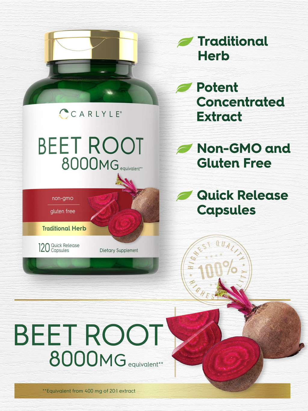 Beet Root Capsules | 8000 Mg | 120 Count | Non-Gmo and Gluten Free Supplement | by