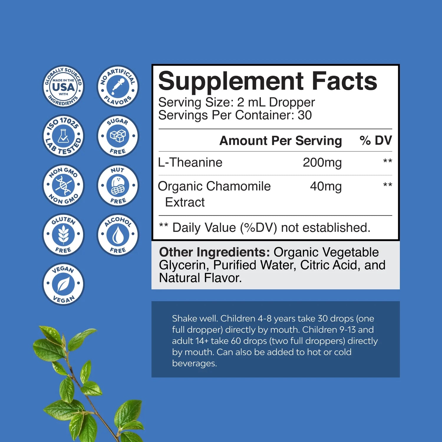 High Absorption L-Theanine Liquid Drops - Nootropic Focus Supplement with L-Theanine 200Mg per Serving and Chamomile Extract for Adults and Kids Relaxation and Focus Vegan 60Ml