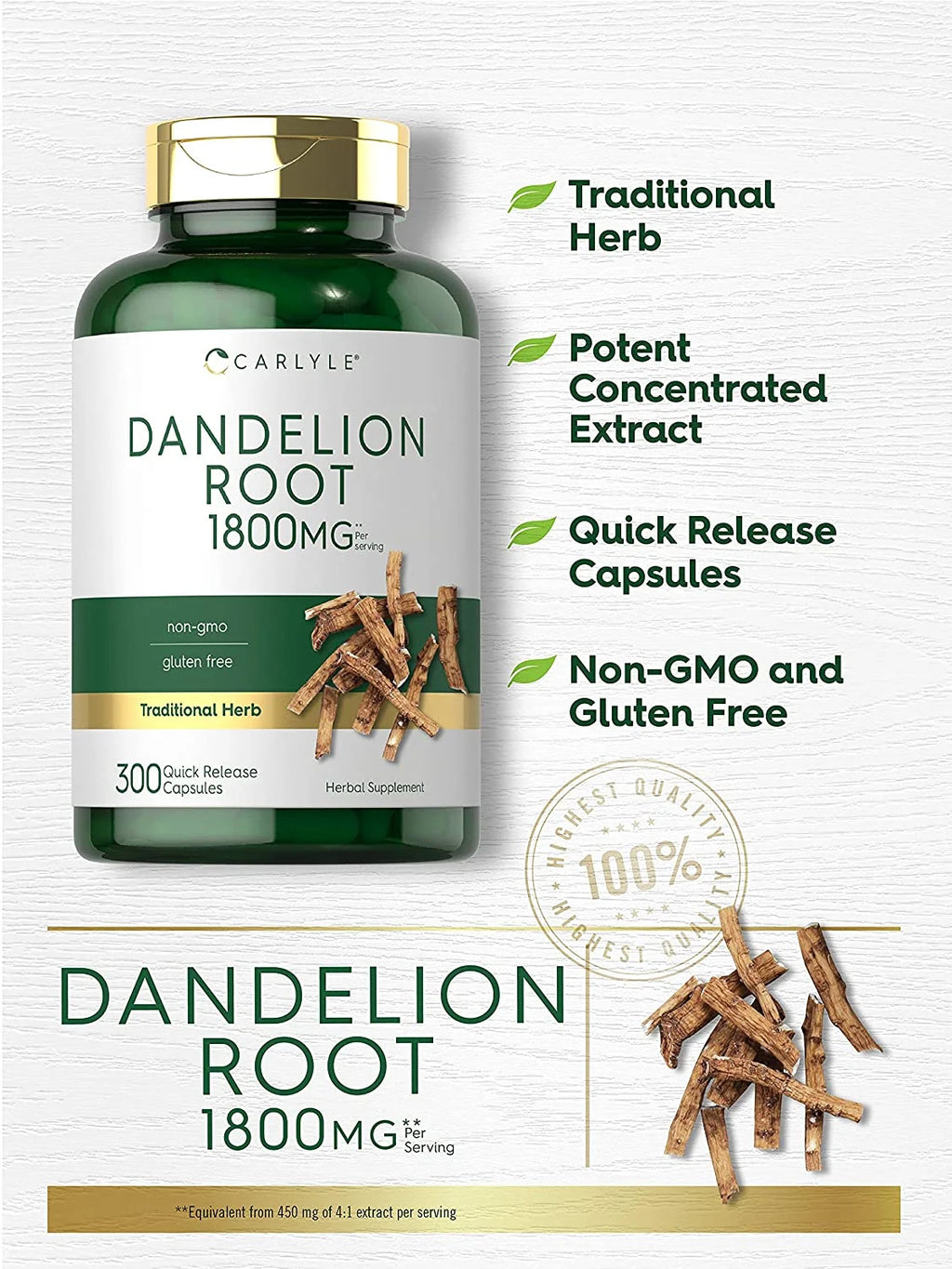 Dandelion Root Extract Supplement | 1800Mg | 300 Capsules | by