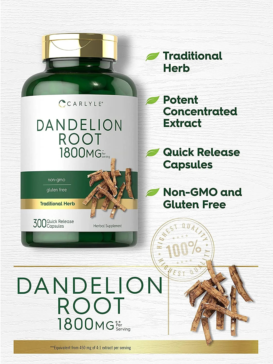 Dandelion Root Extract Supplement | 1800Mg | 300 Capsules | by