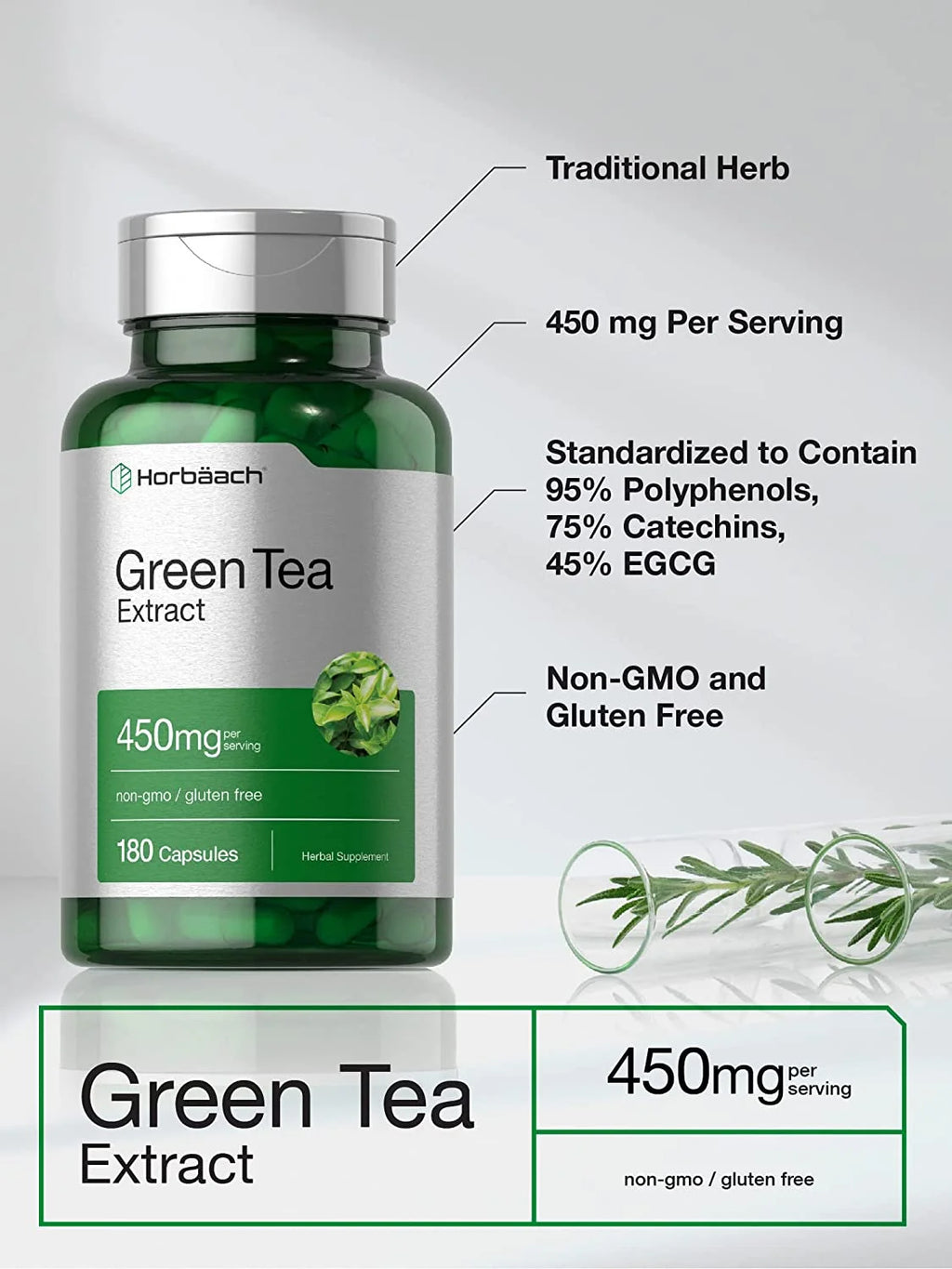 Green Tea Extract Capsules 450Mg | 180 Count | by