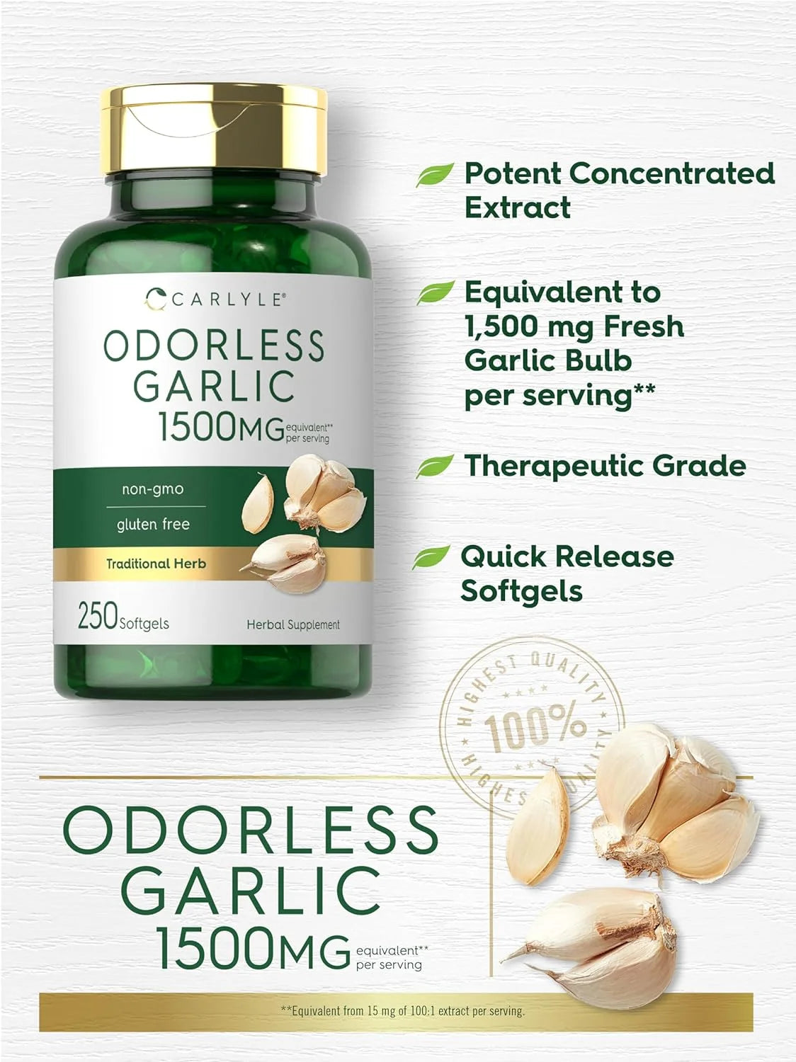 Odorless Garlic Extract 1500Mg | 250 Softgels | by