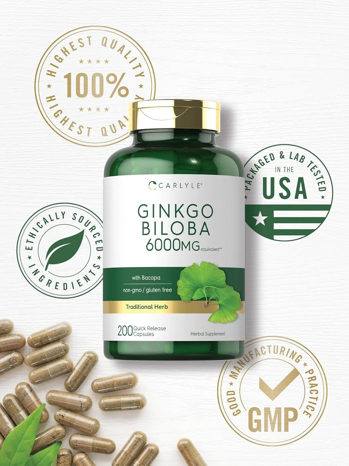 Ginkgo Biloba Capsules | 6000Mg | 200 Count Supplement for Men and Women | by
