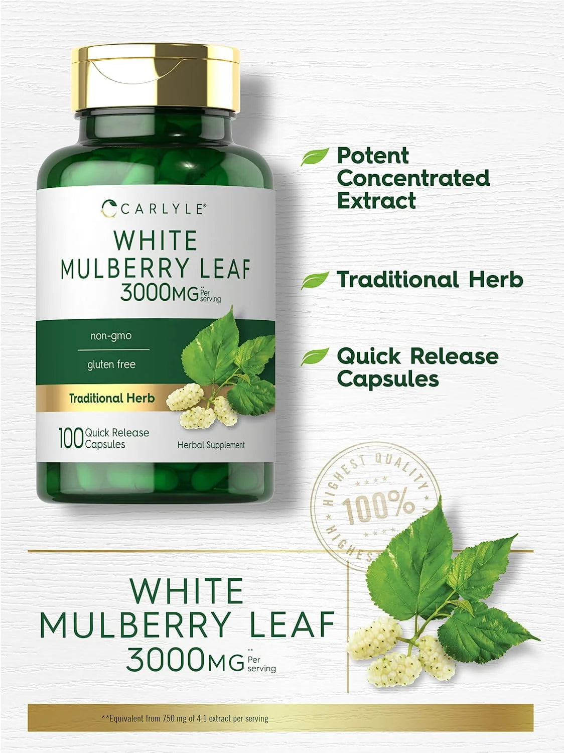 Mulberry Leaf Extract Supplement for Men and Women | 3000Mg | 100 Capsules | by