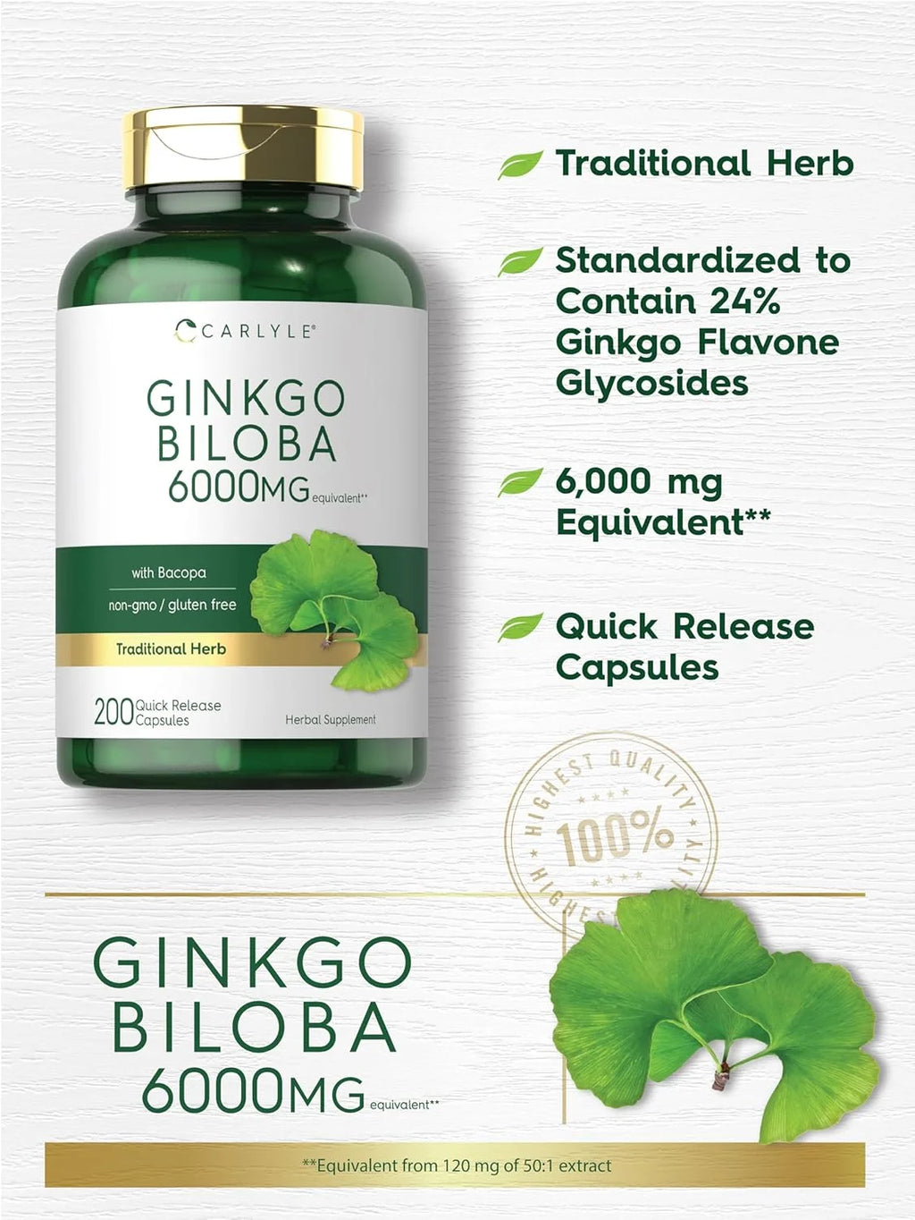 Ginkgo Biloba Capsules | 6000Mg | 200 Count Supplement for Men and Women | by