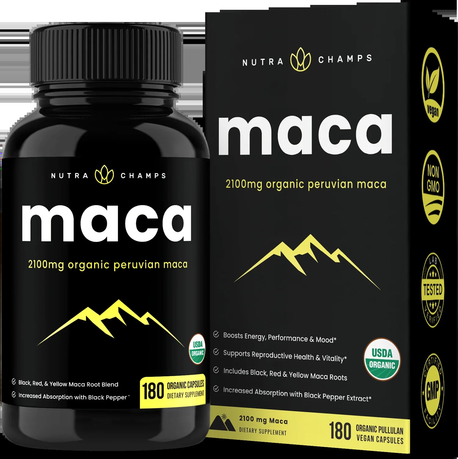 Organic Maca Root Capsules for Women & Men 2100Mg | 180 Vegan Maca Capsules with Black, Red & Yellow Peruvian Maca Root Powder & Black Pepper Extract | Maca Supplement for Improved Energy