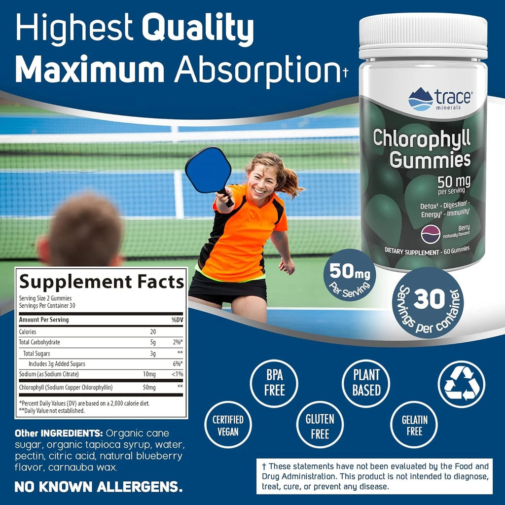 | Chlorophyll Gummies | Supports Digestion, Immunity, & Healthy Skin | Energy Booster | Vegan and Gluten Free | Berry Flavor | 30 Servings, 50 Mg