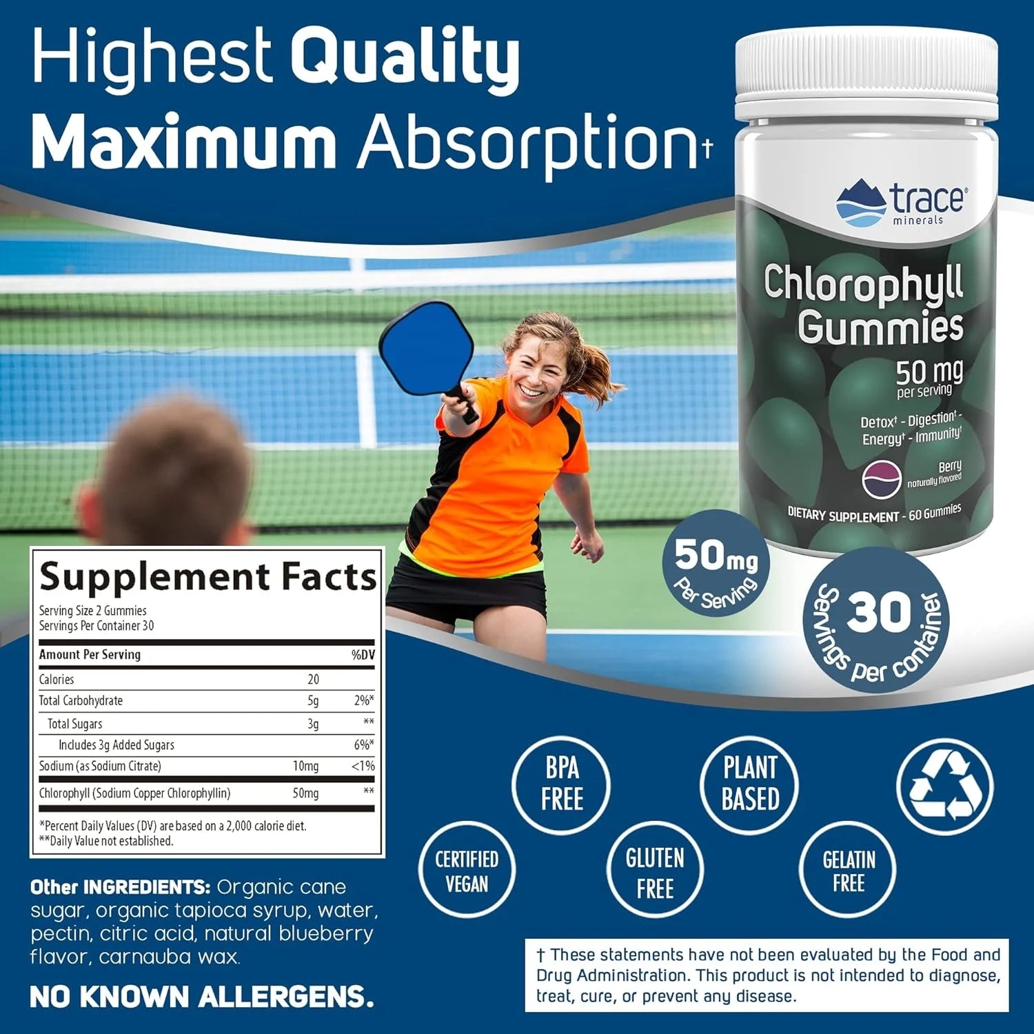 | Chlorophyll Gummies | Supports Digestion, Immunity, & Healthy Skin | Energy Booster | Vegan and Gluten Free | Berry Flavor | 30 Servings, 50 Mg