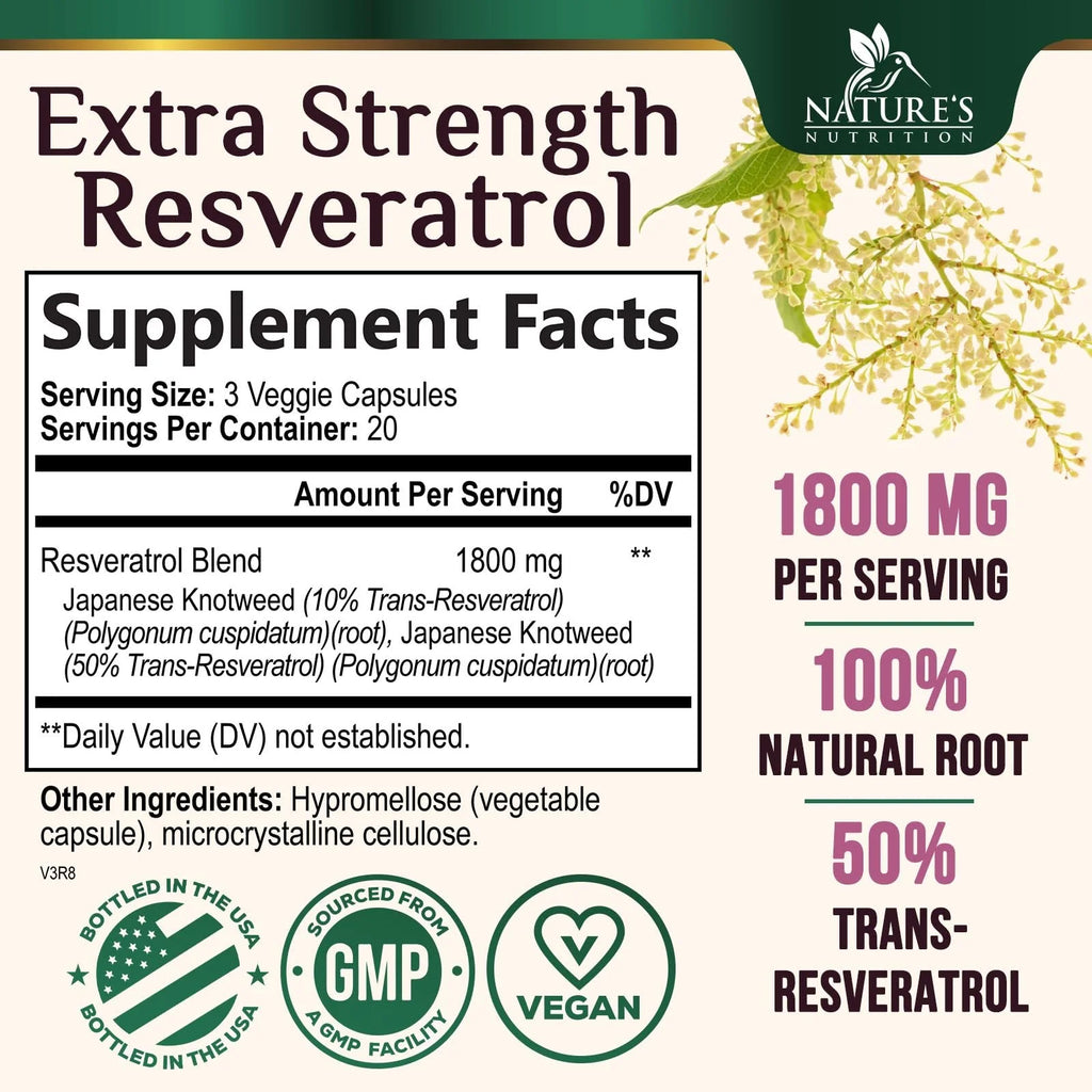 Resveratrol Supplement 1800Mg - Extra Strength Antioxidants for Healthy Aging & Immune Support - Heart Health & Cellular Energy Support - Non-Gmo, Bioavailable Trans-Resveratrol - 60 Vegan Capsules