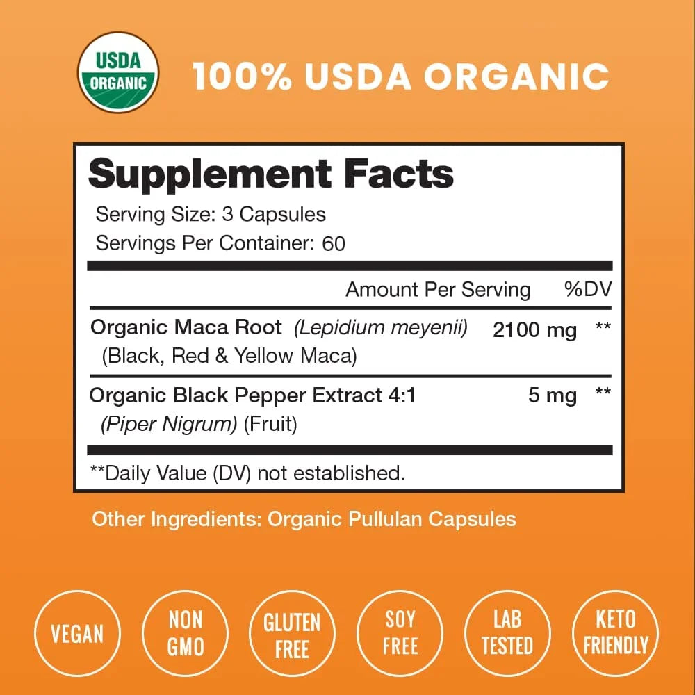 Organic Maca Root Capsules for Women & Men 2100Mg | 180 Vegan Maca Capsules with Black, Red & Yellow Peruvian Maca Root Powder & Black Pepper Extract | Maca Supplement for Improved Energy