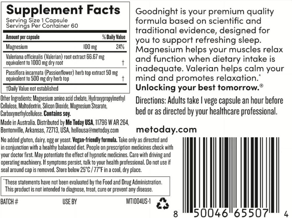 - Goodnight Supplement, Relaxing and Restful, Sleep Support, Magnesium, Vegan, 60 Capsules