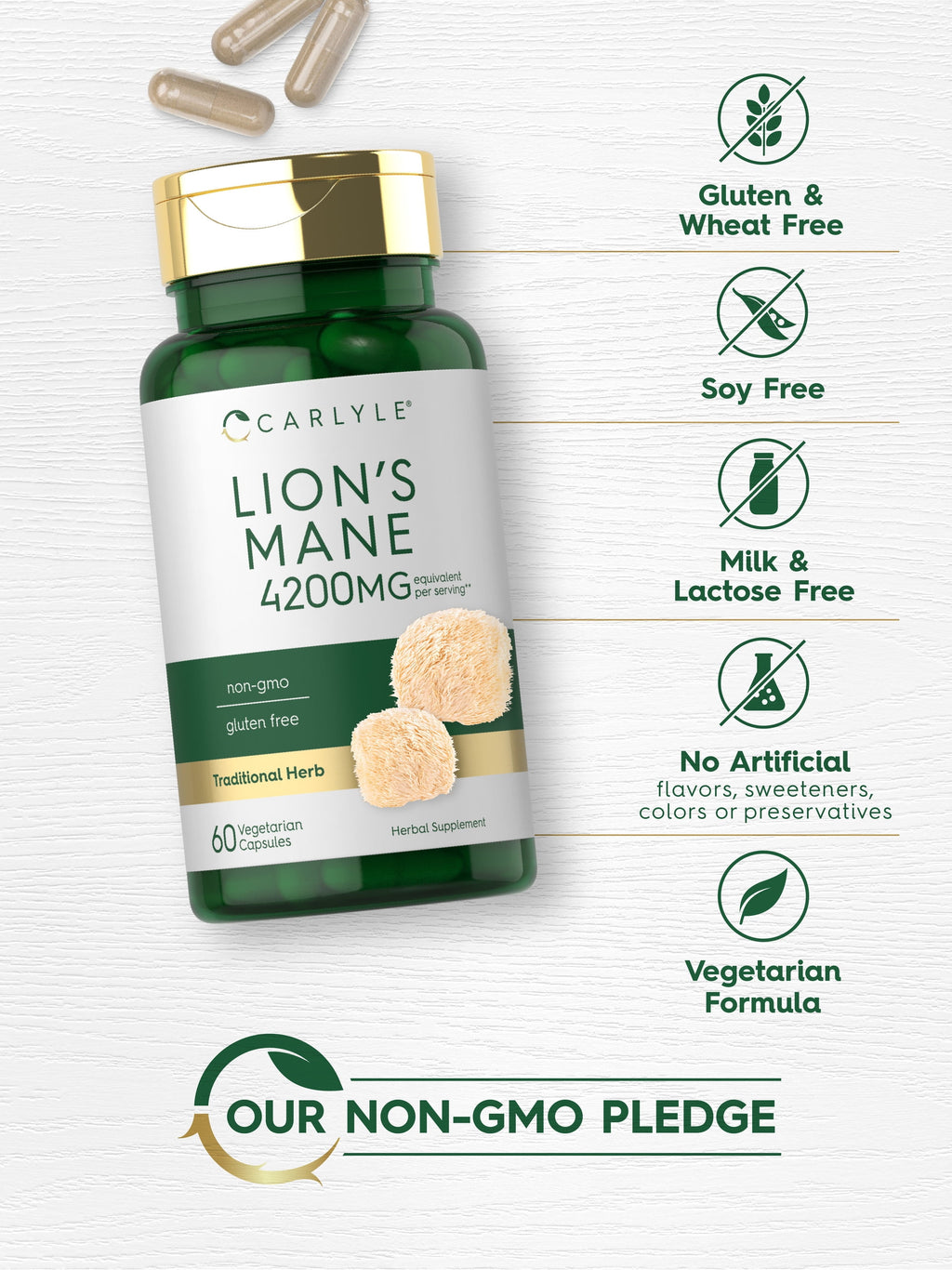 Lions Mane Supplement Capsules | 4200Mg | 60 Count | Vegetarian, Non-Gmo & Gluten Free | by