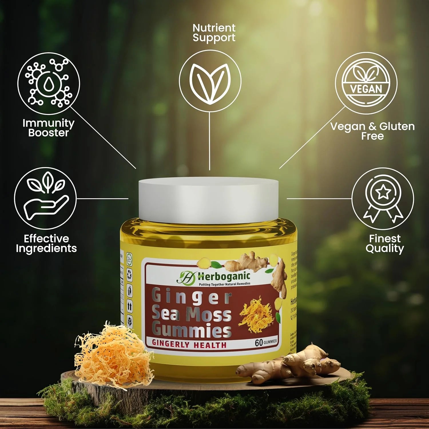 Ginger Sea Moss Gummies - Immune & Digestive Support, Gluten-Free & Vegan - 60 Count