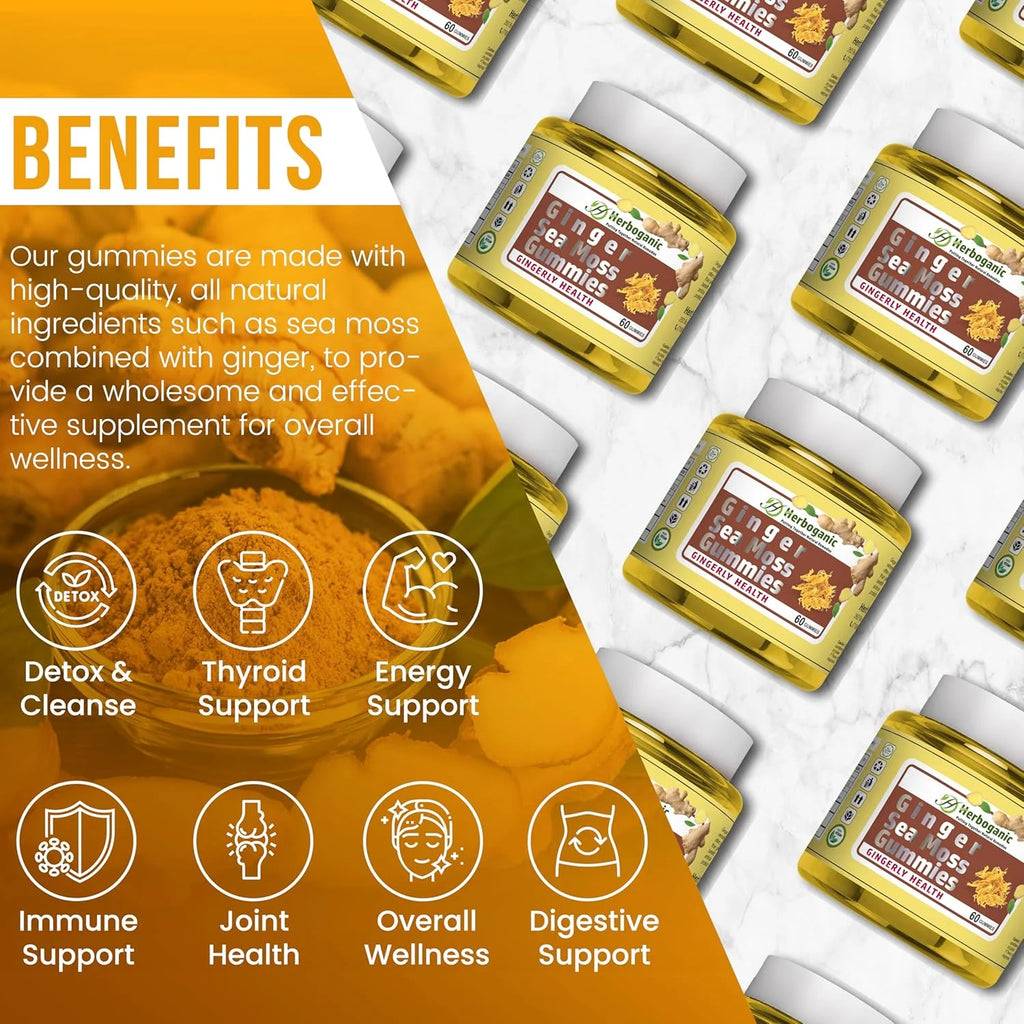 Ginger Sea Moss Gummies - Immune & Digestive Support, Gluten-Free & Vegan - 60 Count