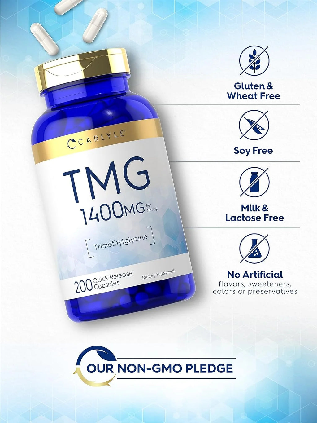 TMG Supplement | 1400Mg | 200 Trimethylglycine Quick Release Capsules | Non-Gmo & Gluten Free | by