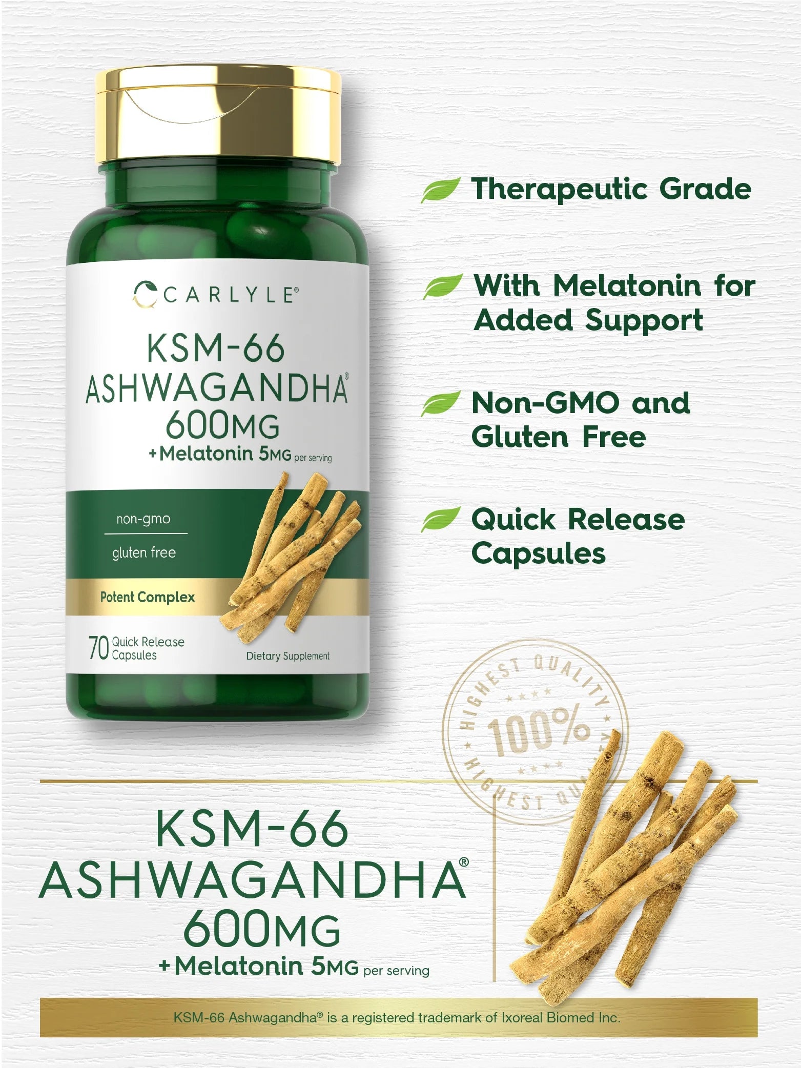KSM-66 Ashwagandha Capsules 600Mg | 70 Count for Men and Women | with Melatonin 5Mg | by