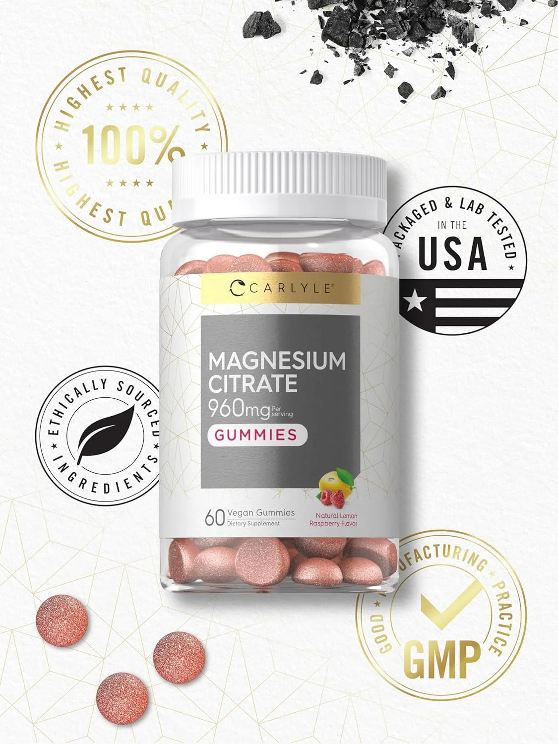 Magnesium Citrate | 960Mg | 60 Vegan Gummies | Lemon Raspberry Flavor | by