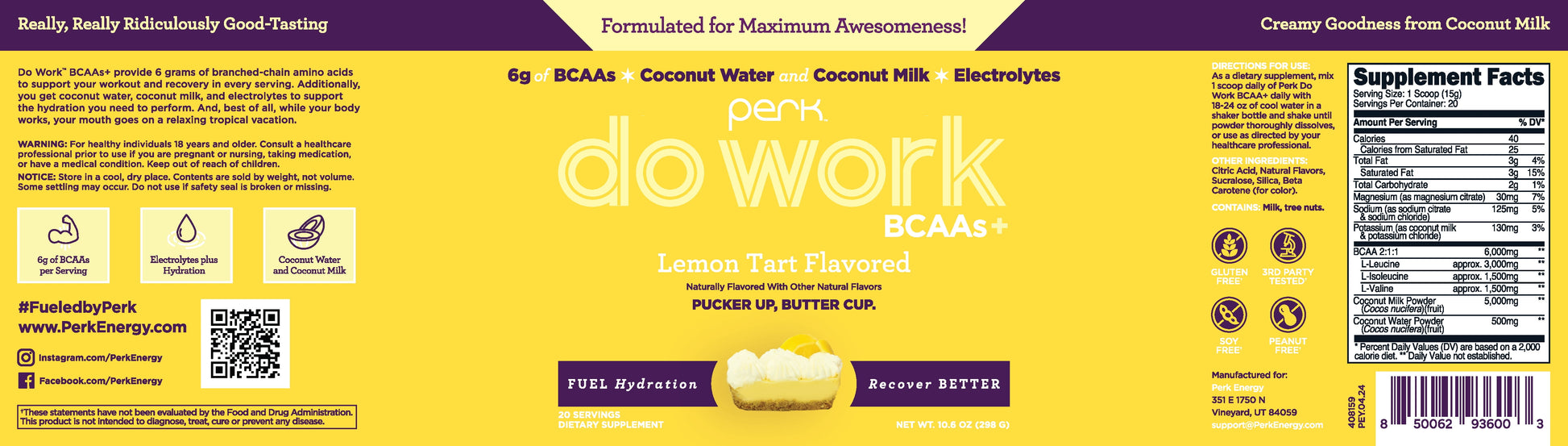 Do Work Bcaas + Hydration Electrolytes Powder (Lemon Tart Flavored, 20 Servings) - with Coconut Water and Coconut Milk