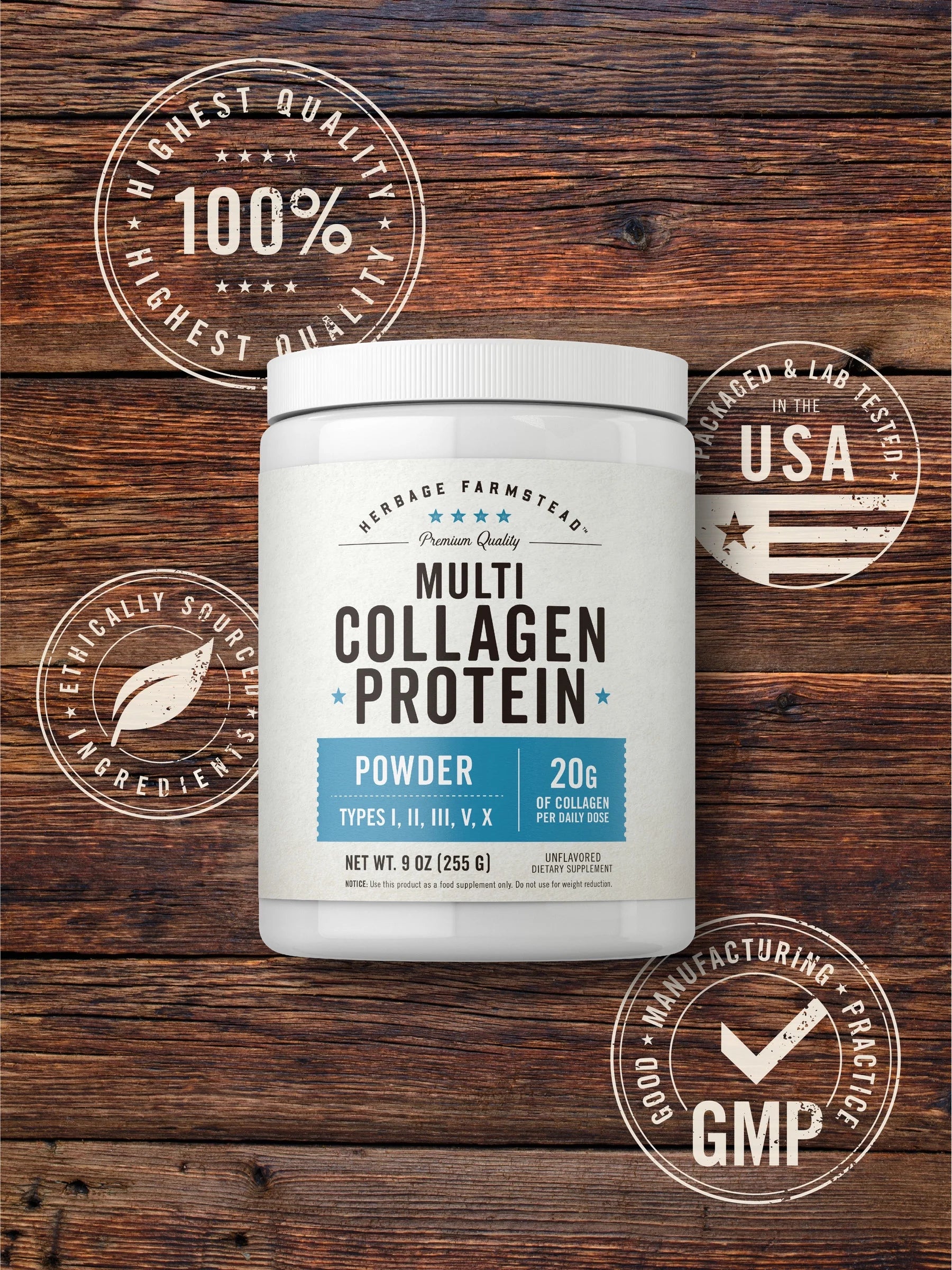 Multi Collagen Protein Powder | 9Oz | Unflavored | Types I, II, III, V, X | by Herbage Farmstead