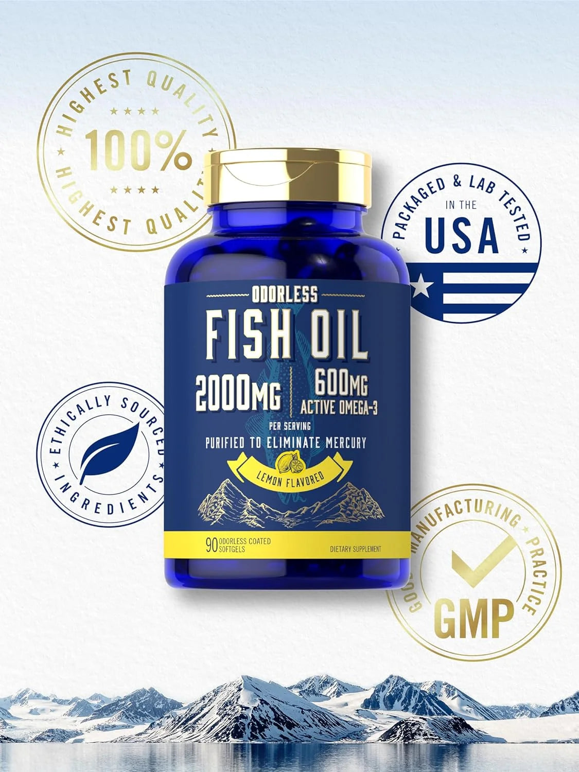 Fish Oil Pills 2000Mg | 600Mg Omega 3 | 90 Odorless Softgels | Lemon Flavored | by