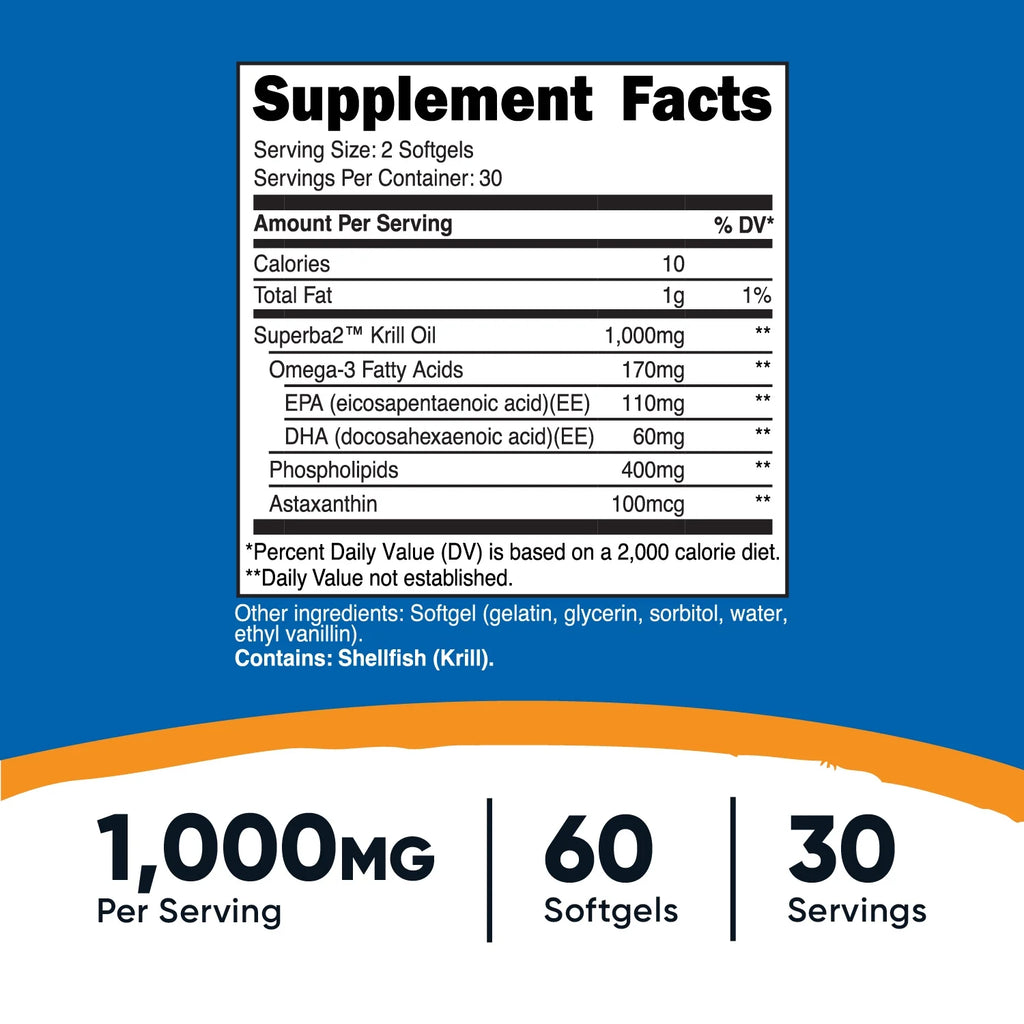 Krill Oil 1000Mg, 60 Softgels - Omega-3 EPA-DHA Krill Oil Supplement, with Superbakrill