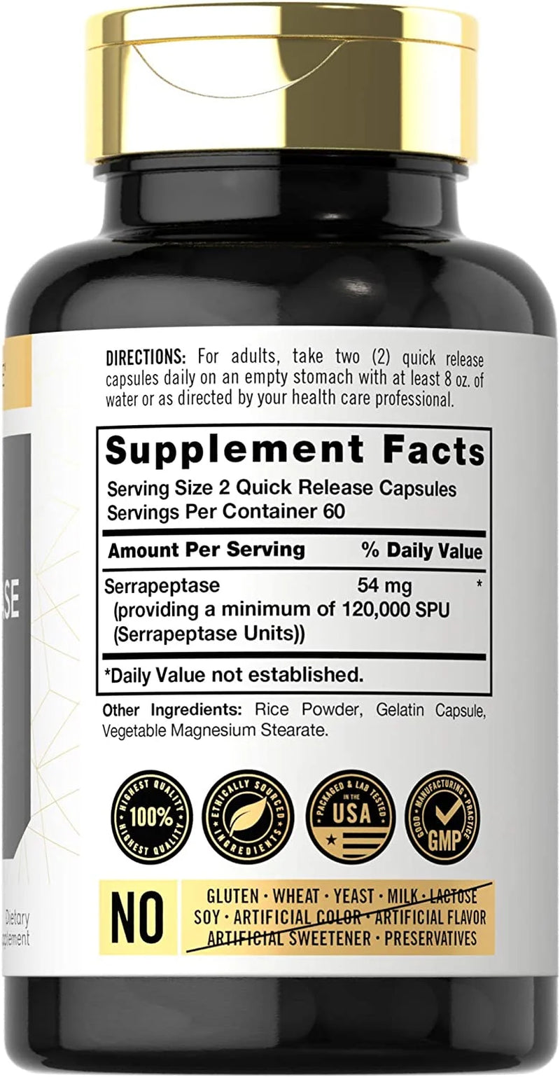 Serrapeptase 120000 SPU | 120 Capsules | Enzyme Supplement | by