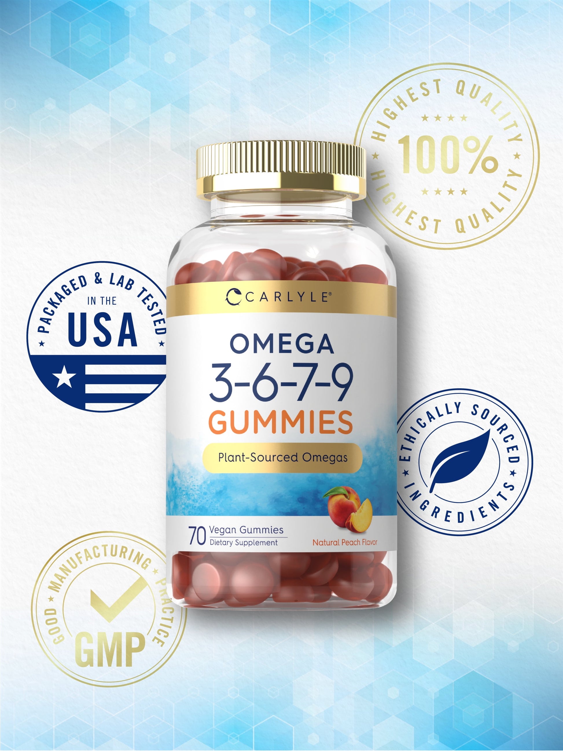 Omega 3 6 7 9 Gummies | 70 Count | Vegan Supplement for Men and Women | Peach Flavor | by