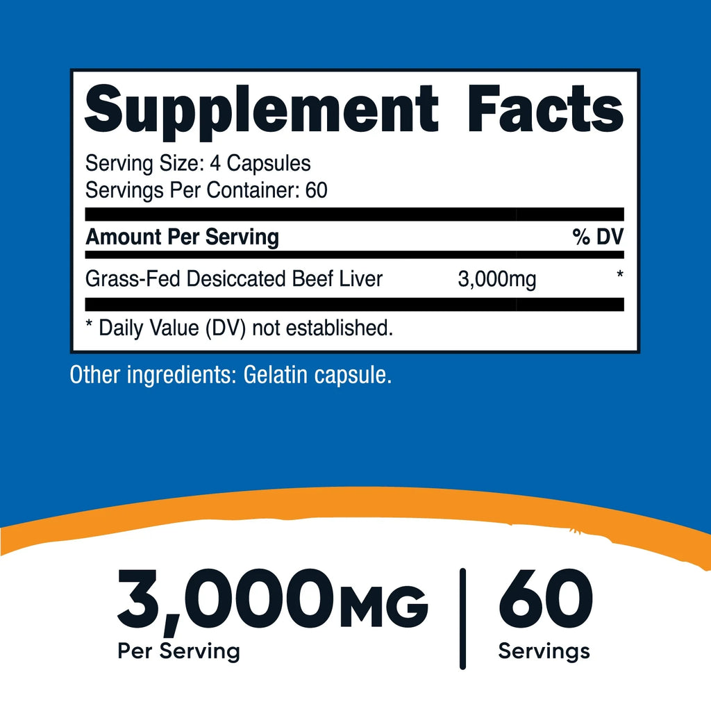 Grass Fed Desiccated Beef Liver Supplement 240 Capsules, 3000Mg (750Mg per Cap)