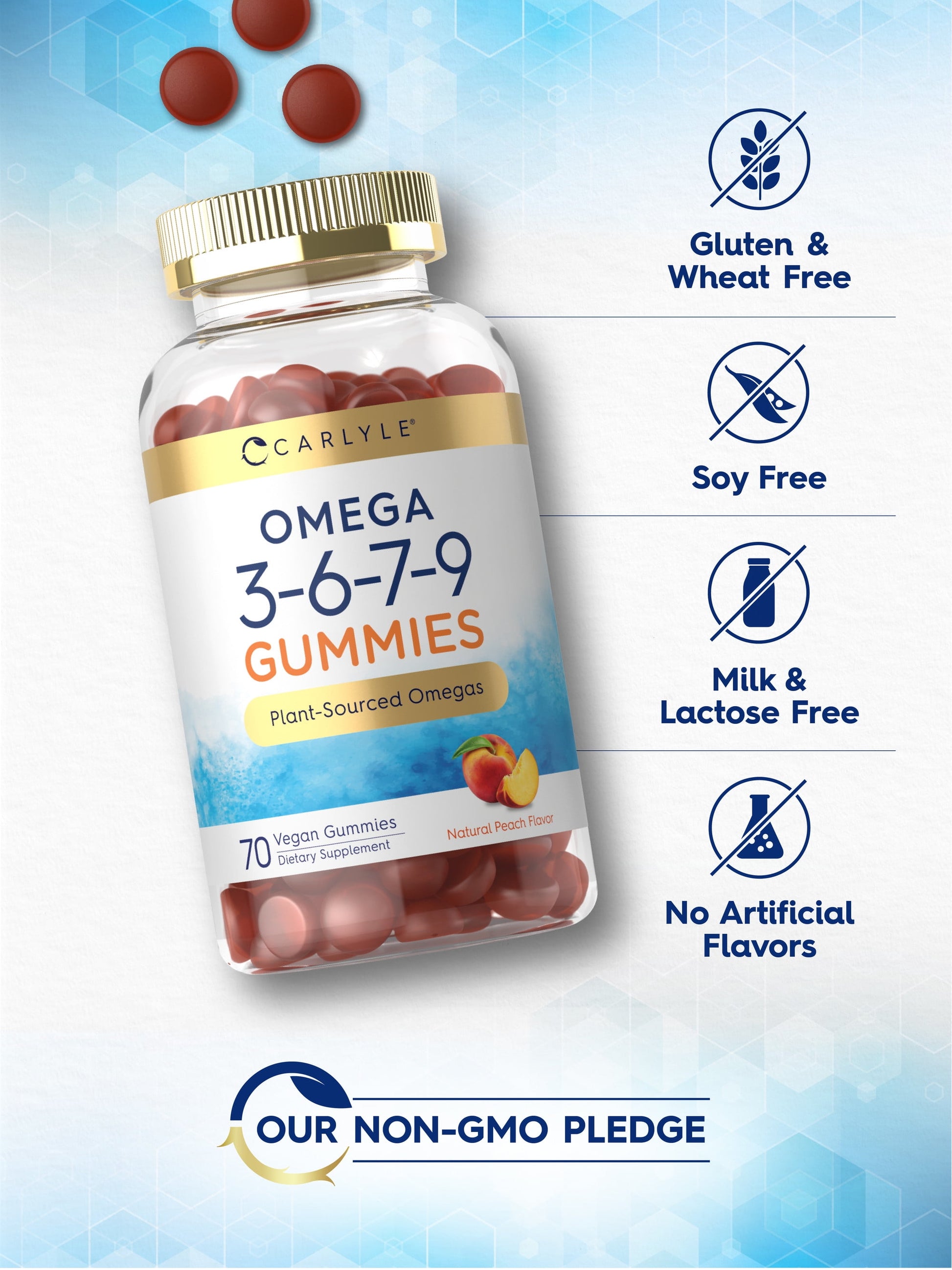 Omega 3 6 7 9 Gummies | 70 Count | Vegan Supplement for Men and Women | Peach Flavor | by