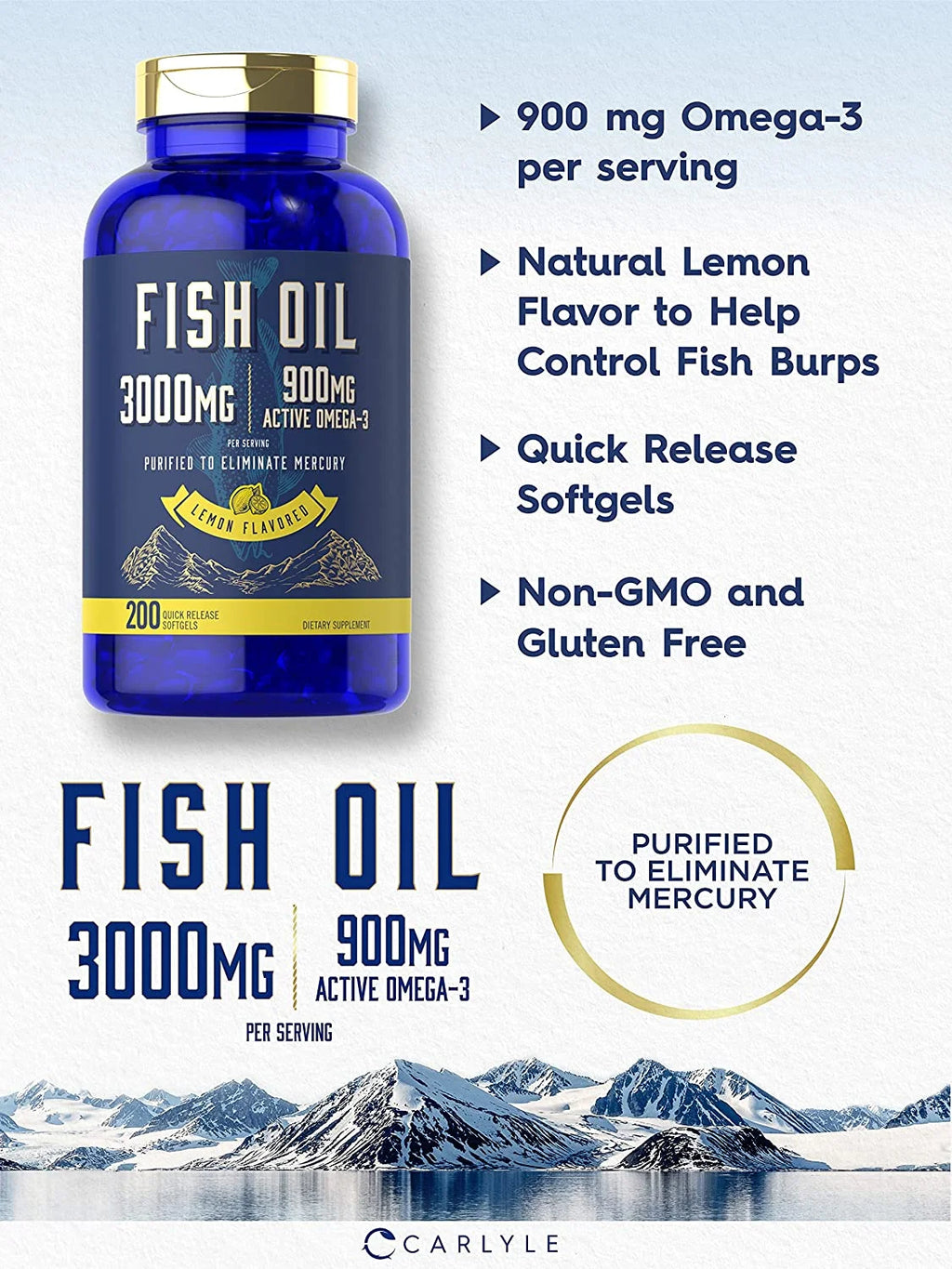 Fish Oil 3000Mg | 900Mg Omega 3 | 200 Softgels | Lemon Flavor | Non-Gmo and Gluten Free Supplement