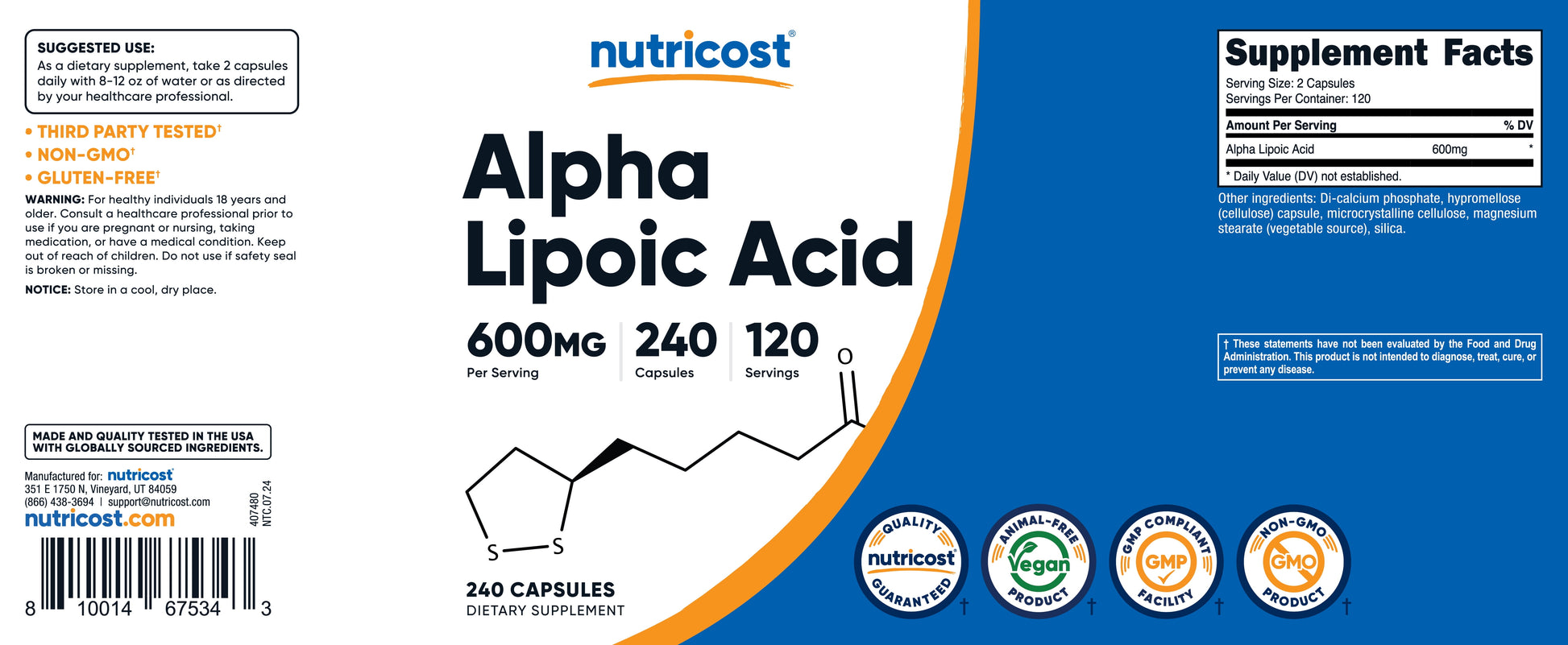 Alpha Lipoic Acid, 300 Mg, 240 Capsules,