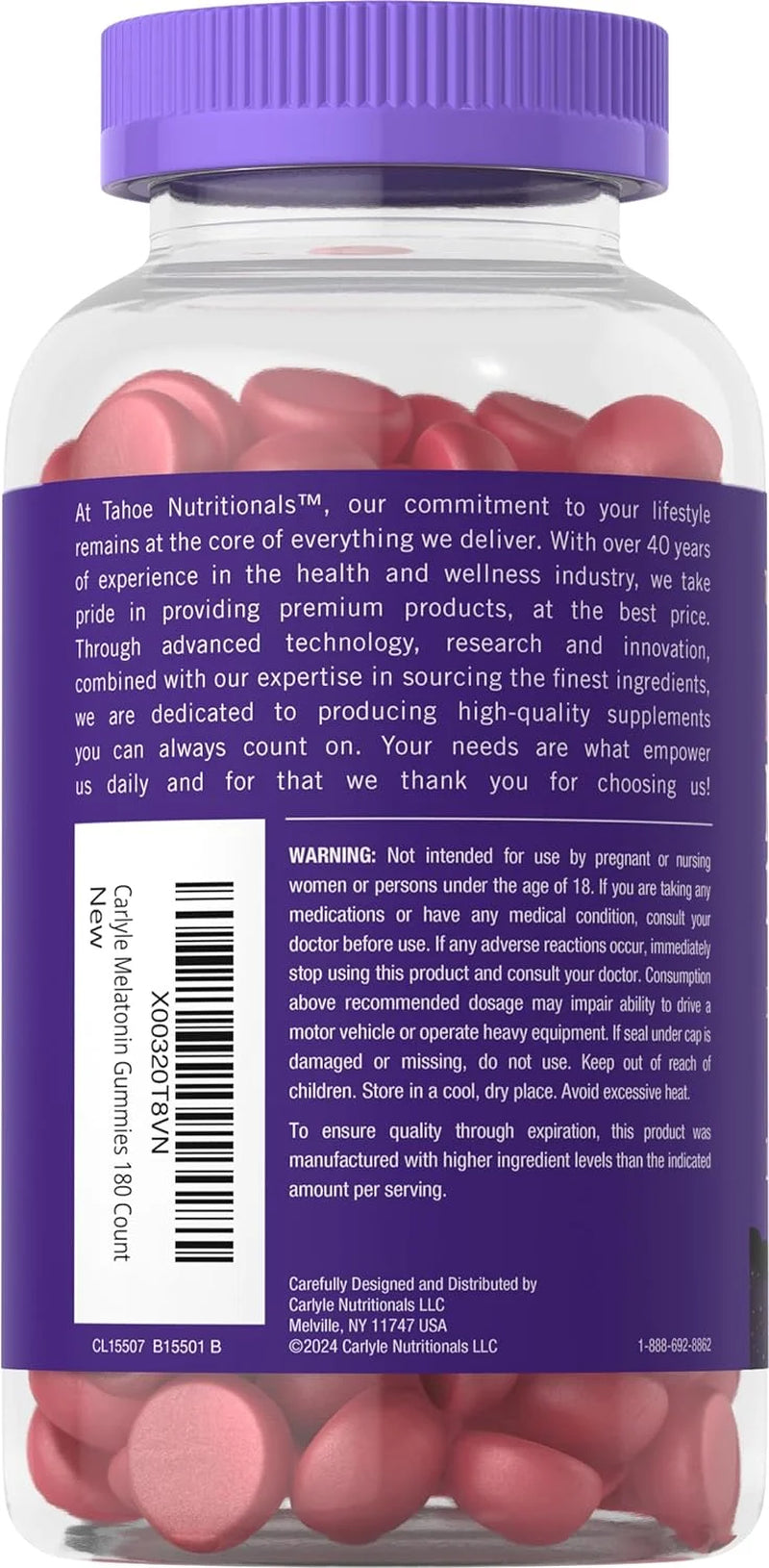 Melatonin Gummies 12Mg | 180 Count | Berry Flavor for Men and Women | Tahoe Nutritionals by