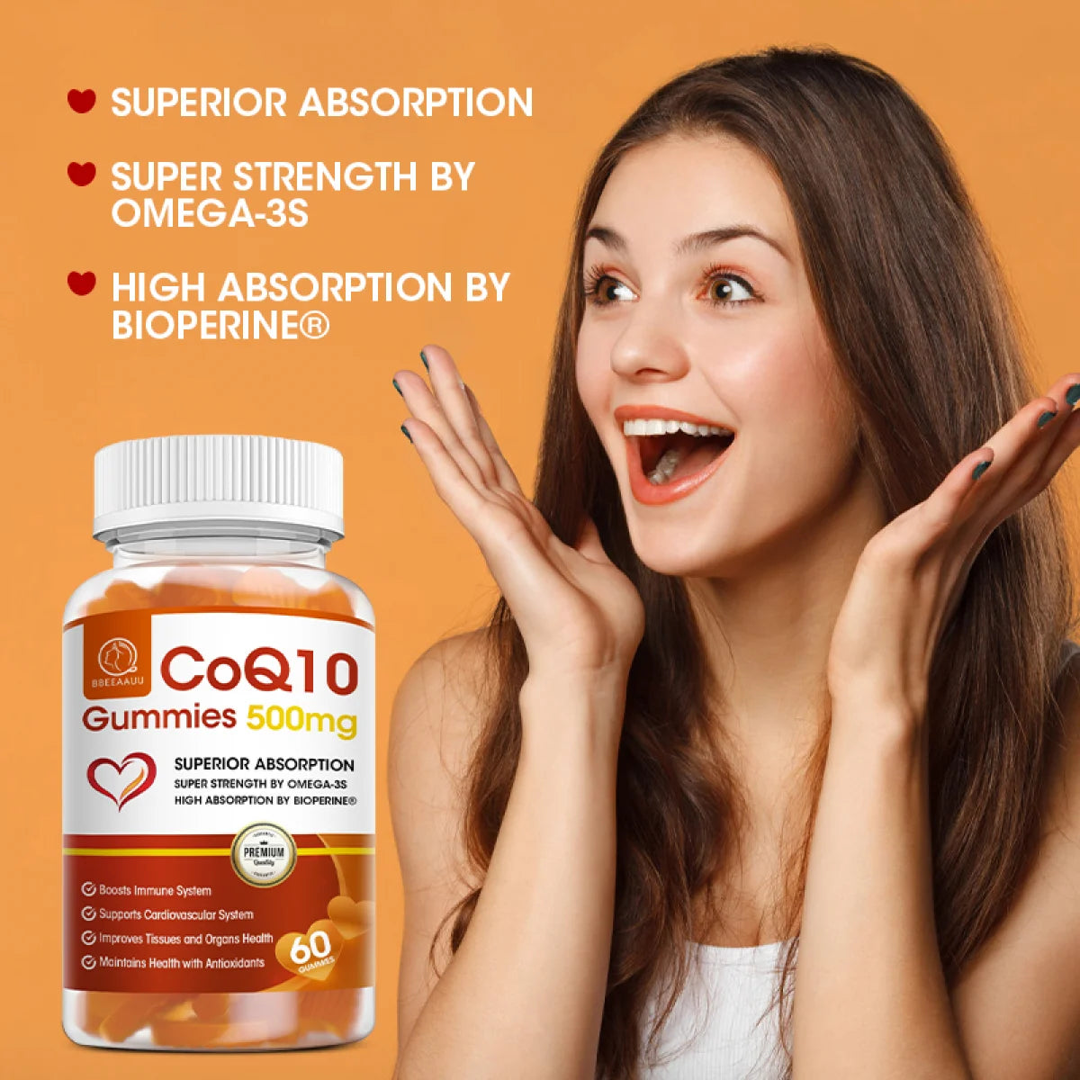 COQ10 Gummies Supplement, Ultra High Absorption Coq10 500Mg, Support Heart Health, Gluten Free (60 Veg Gummies)