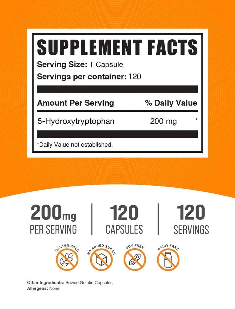 5-HTP 200Mg Capsules - 5-Hydroxytryptophan, Dietary Supplement - 1 Capsule per Serving, 120 Count