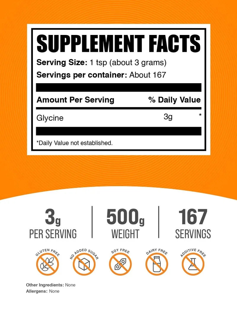 Bulksupplements Glycine Powder, 3G per Serving - 500 Grams (1.1 Lbs) - 167 Servings