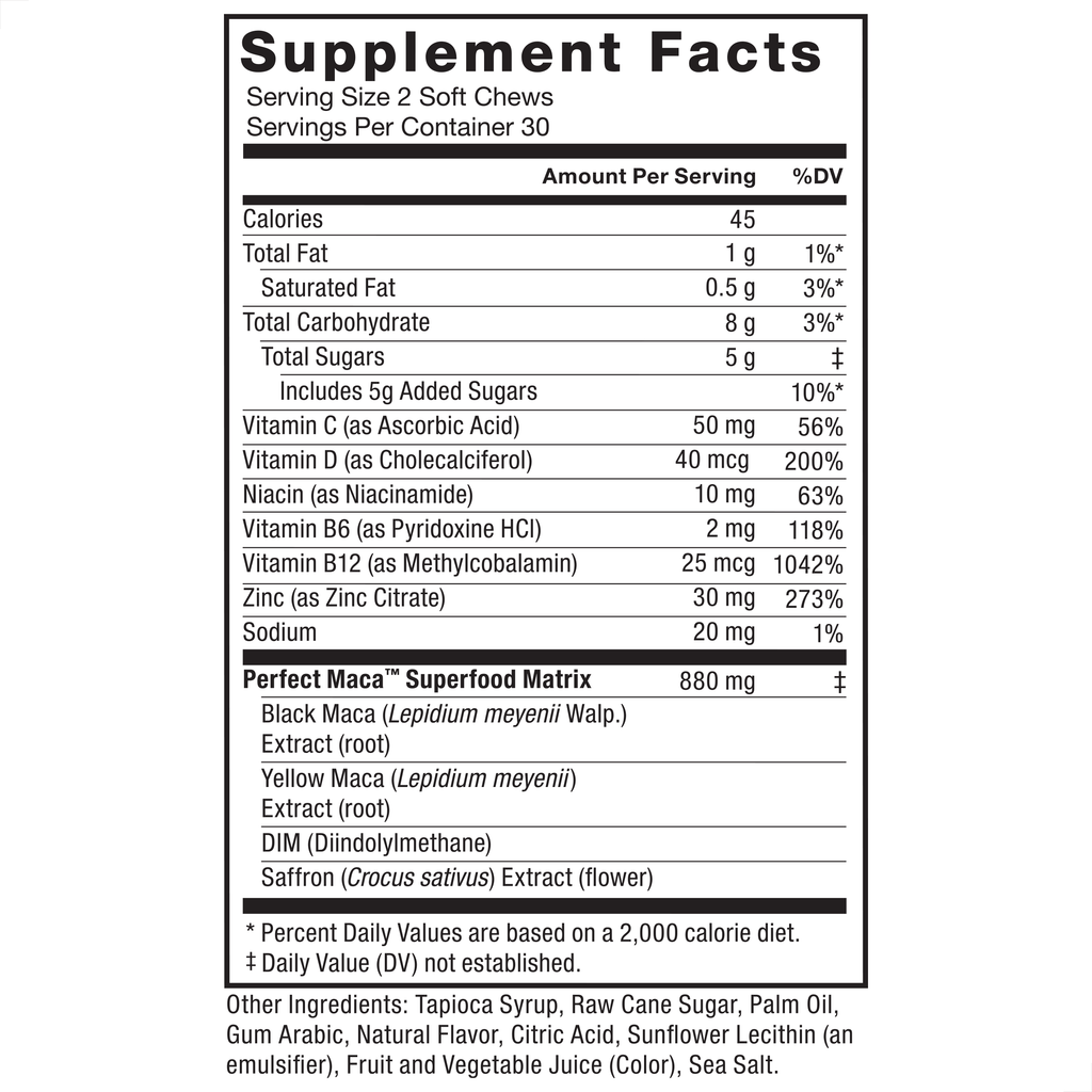 Perfect Maca, Maca Root Supplement with Saffron, Dark Cherry Flavor, 60 Soft Chews