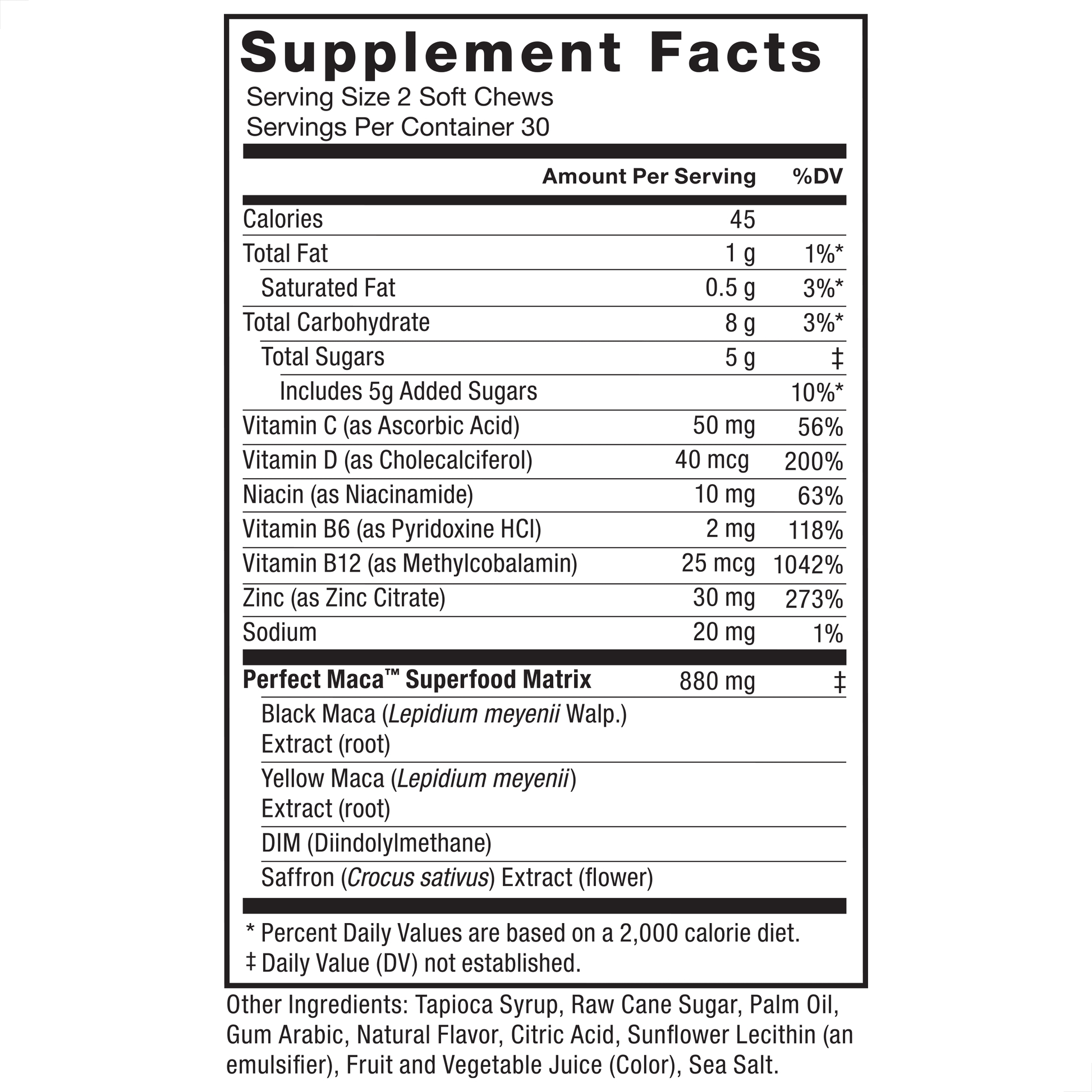 Perfect Maca, Maca Root Supplement with Saffron, Dark Cherry Flavor, 60 Soft Chews
