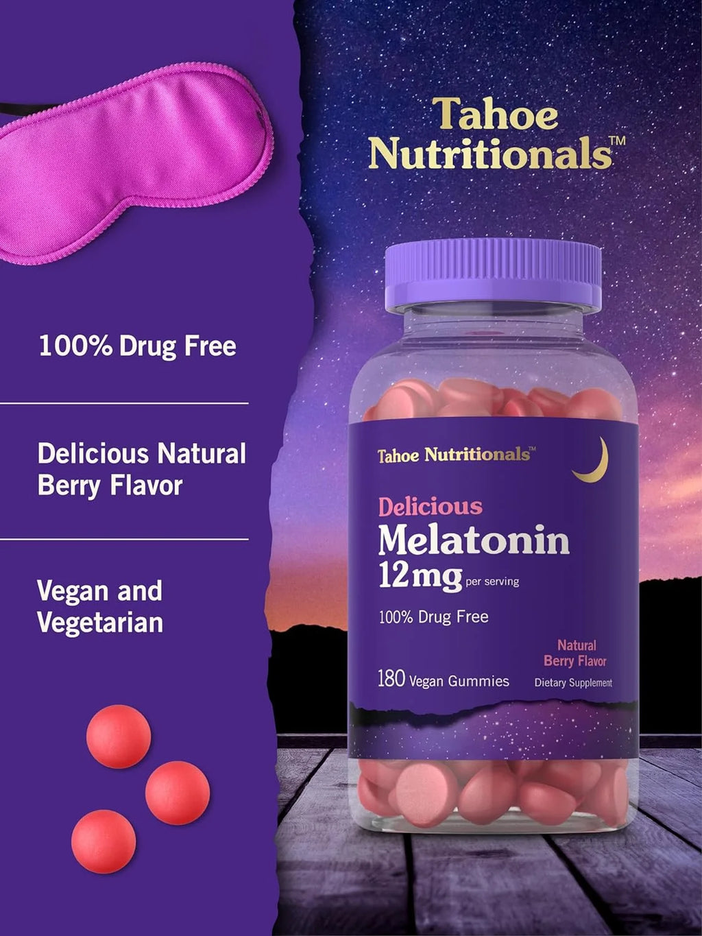 Melatonin Gummies 12Mg | 180 Count | Berry Flavor for Men and Women | Tahoe Nutritionals by