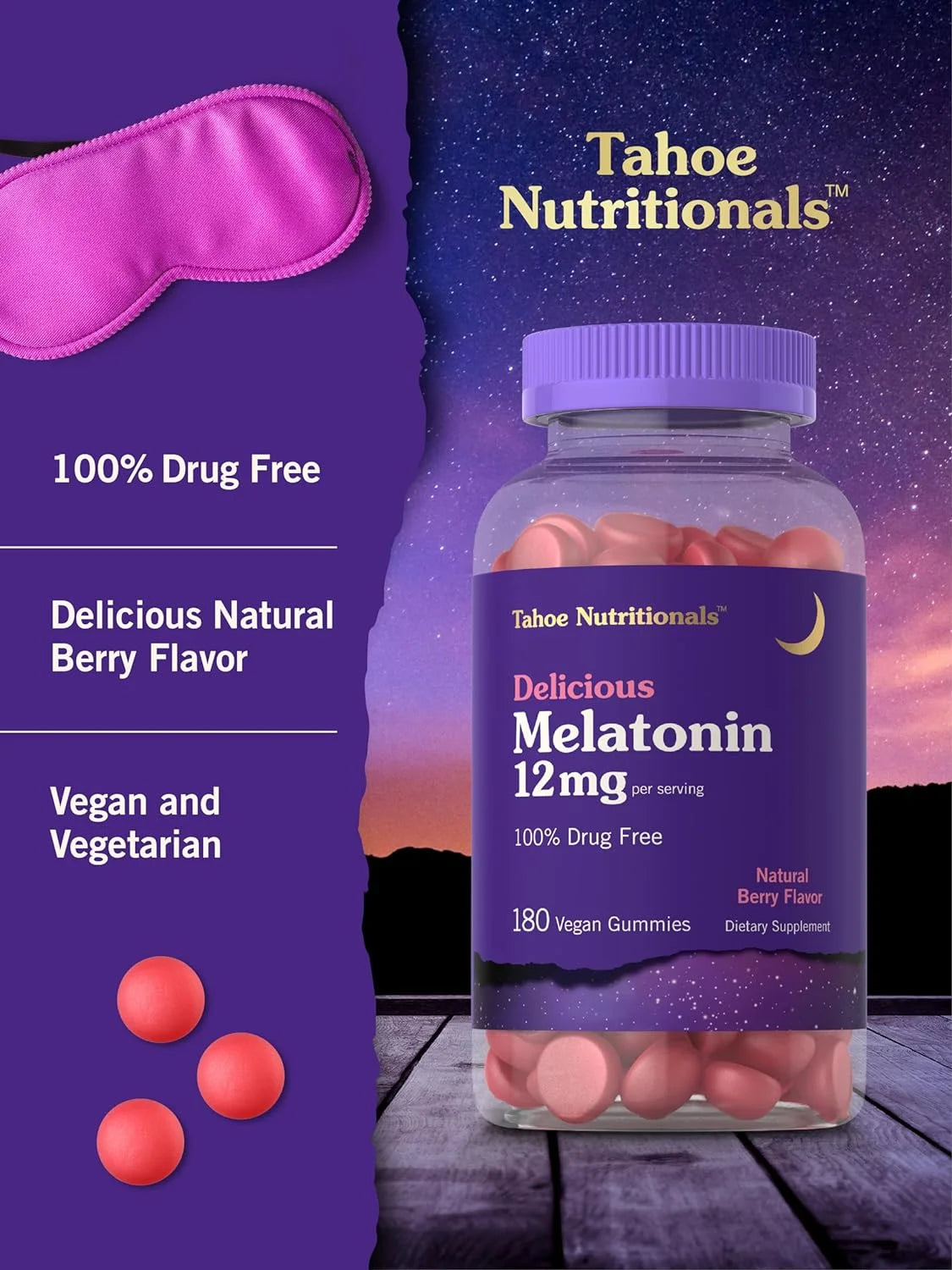 Melatonin Gummies 12Mg | 180 Count | Berry Flavor for Men and Women | Tahoe Nutritionals by