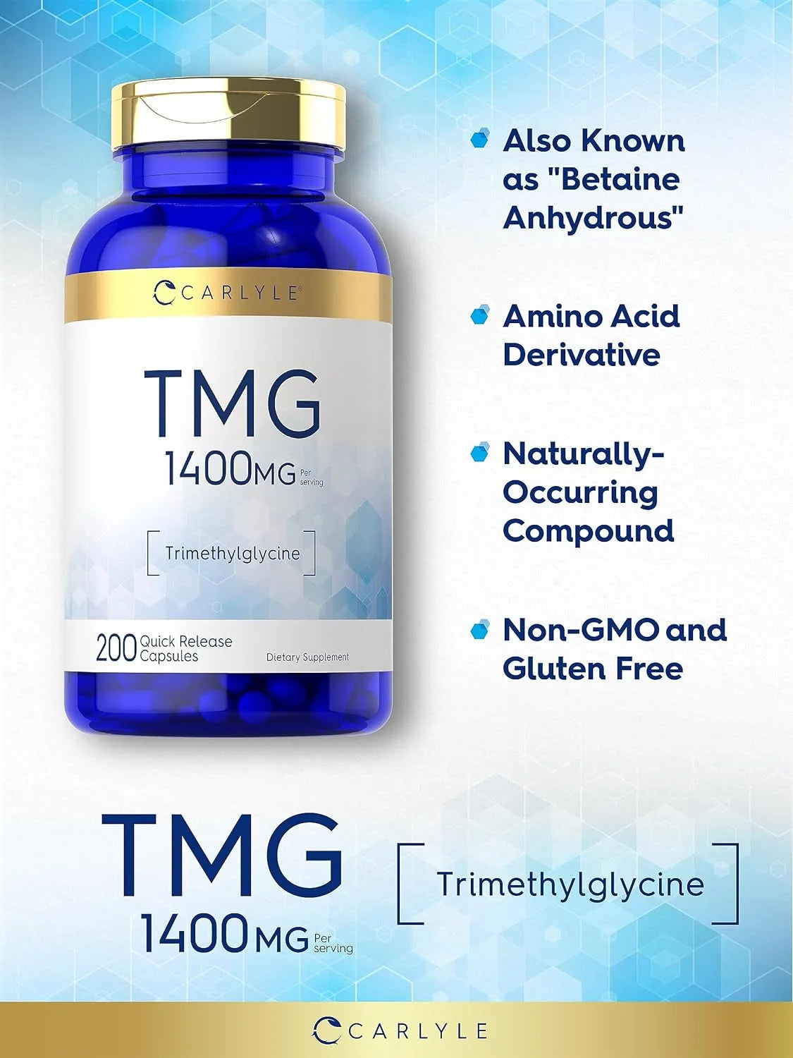 TMG Supplement | 1400Mg | 200 Trimethylglycine Quick Release Capsules | Non-Gmo & Gluten Free | by